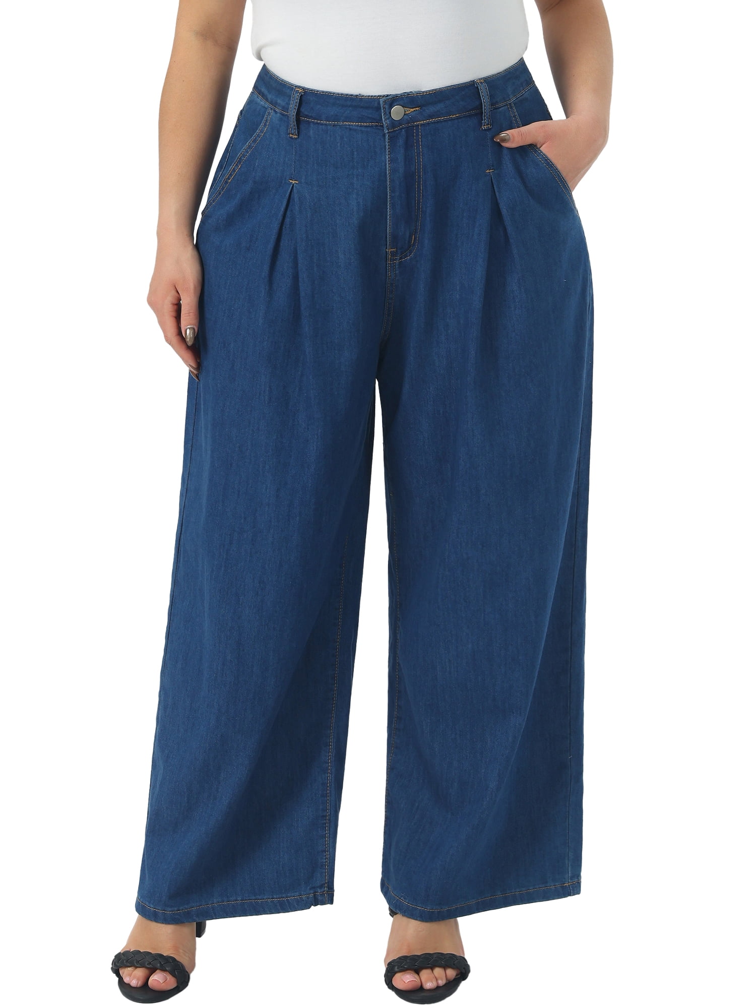 DARING DIVA Women's Plus High Waisted Loose Stretchy Y2K Trousers Denim Pants 1X Blue