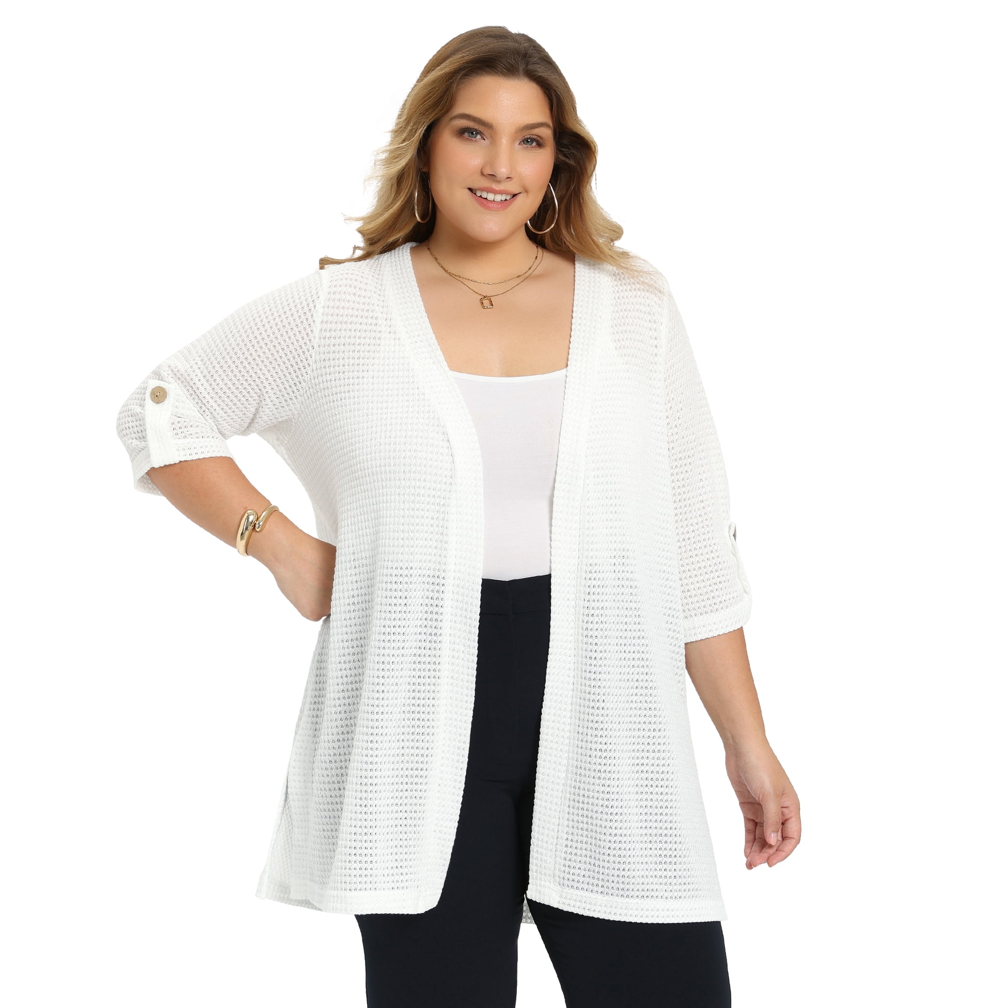 DARING DIVA Women's Plus Hollow Out 3/4 Sleeve Long Open Front Cover Up 3X White