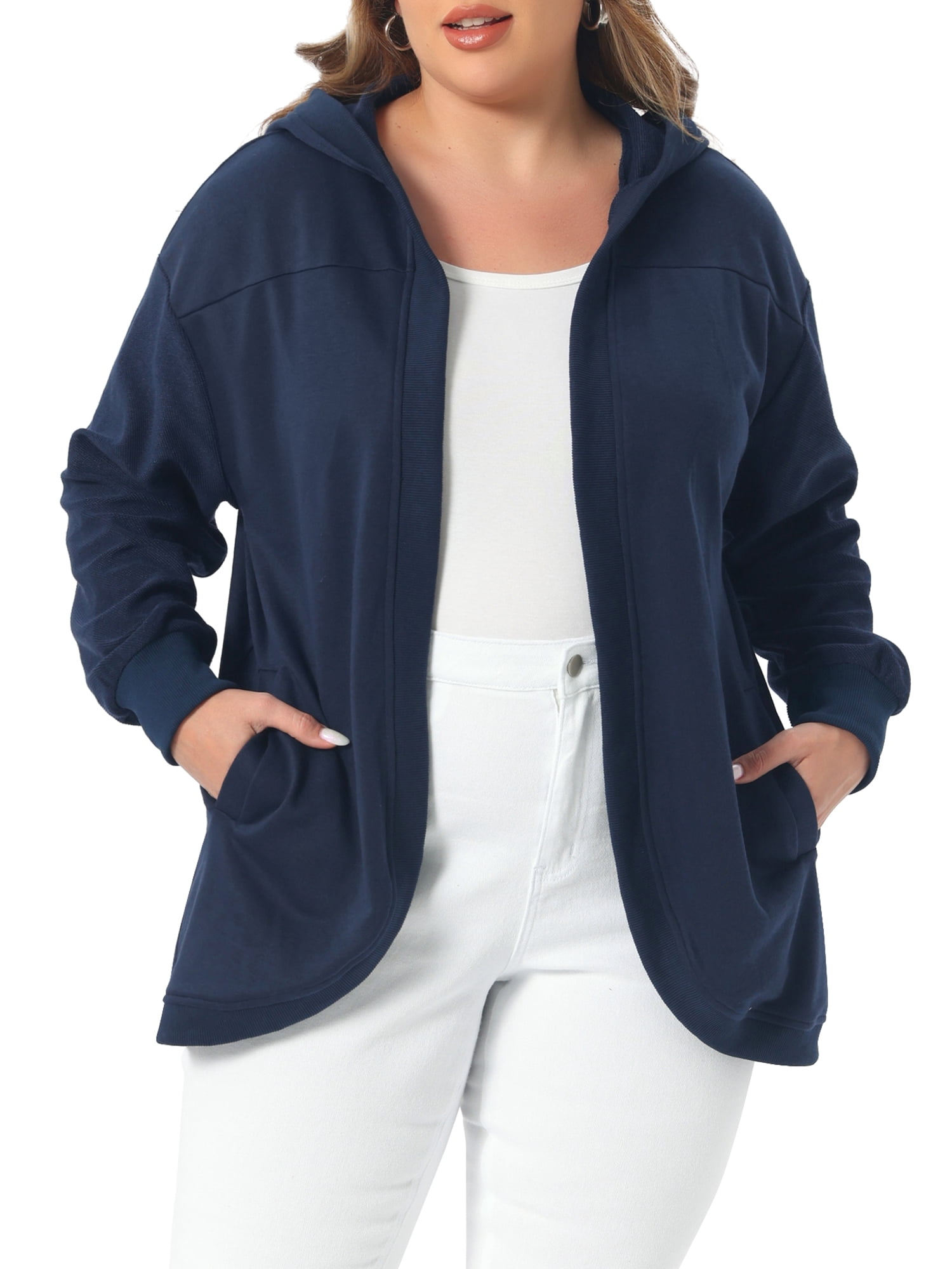 DARING DIVA Women's Plus Hooded Open Front Sweatshirt Jacket 1X Navy Blue