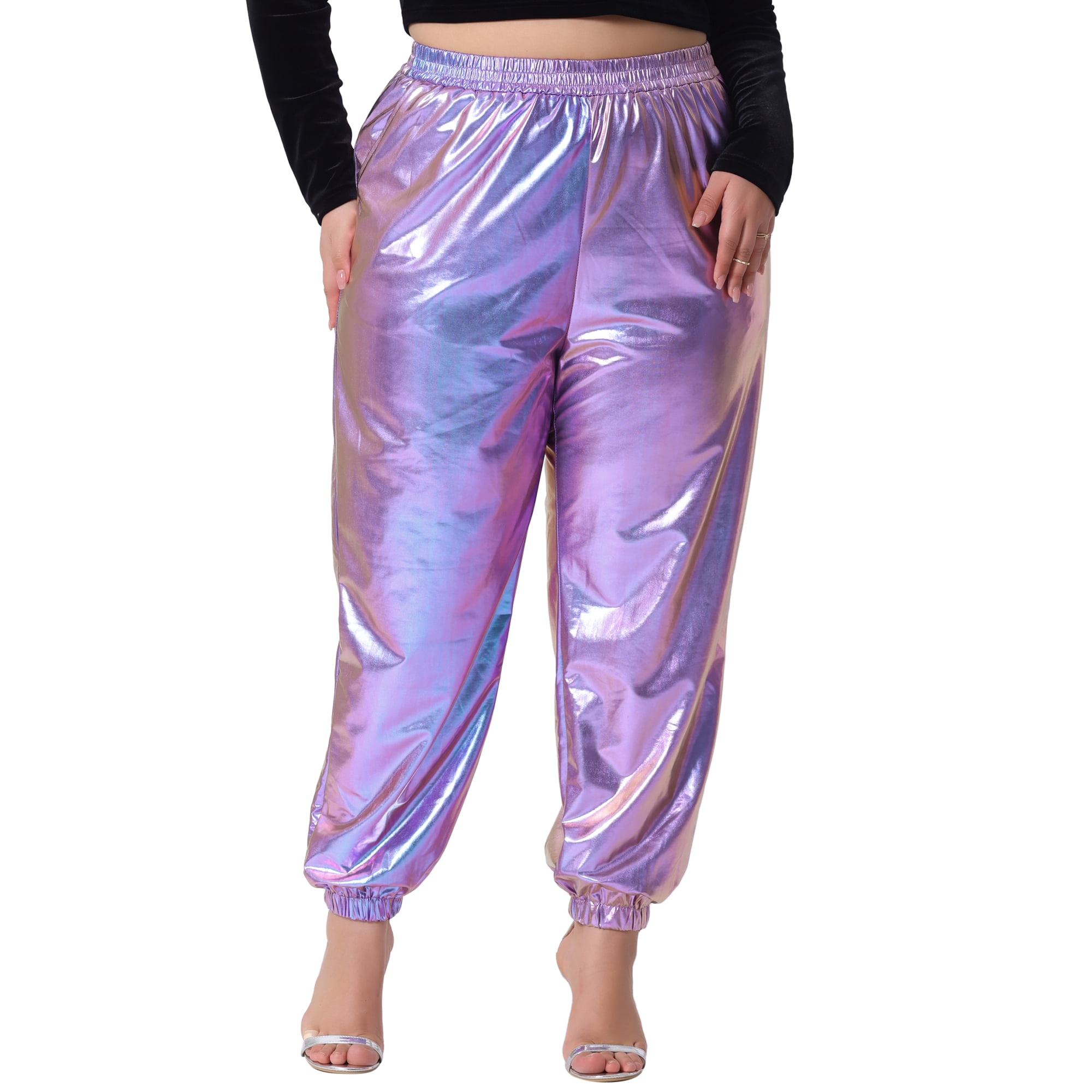 DARING DIVA Women's Plus Jogger Pants Metallic Shiny Stretchy Trousers 1X Purple Blue