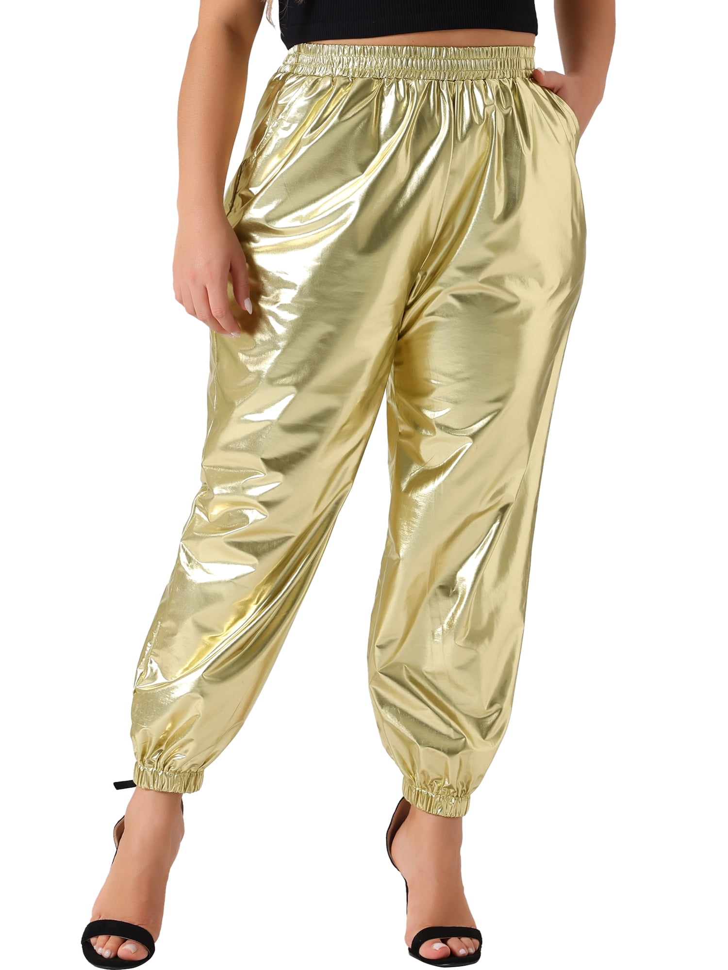 DARING DIVA Women's Plus Jogger Pants Metallic Shiny Stretchy Trousers 4X Gold