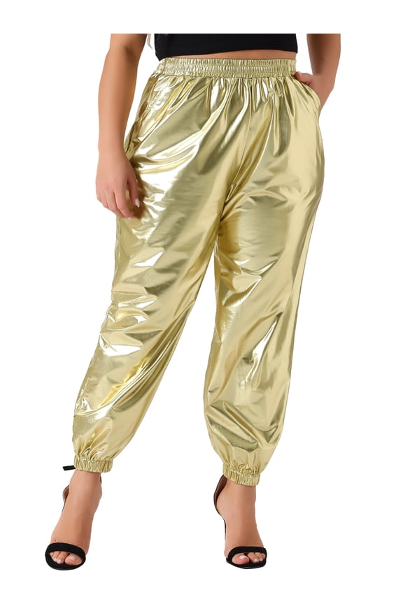 Women's Plus Jogger Pants Metallic Shiny Stretchy Trousers 4X Gold