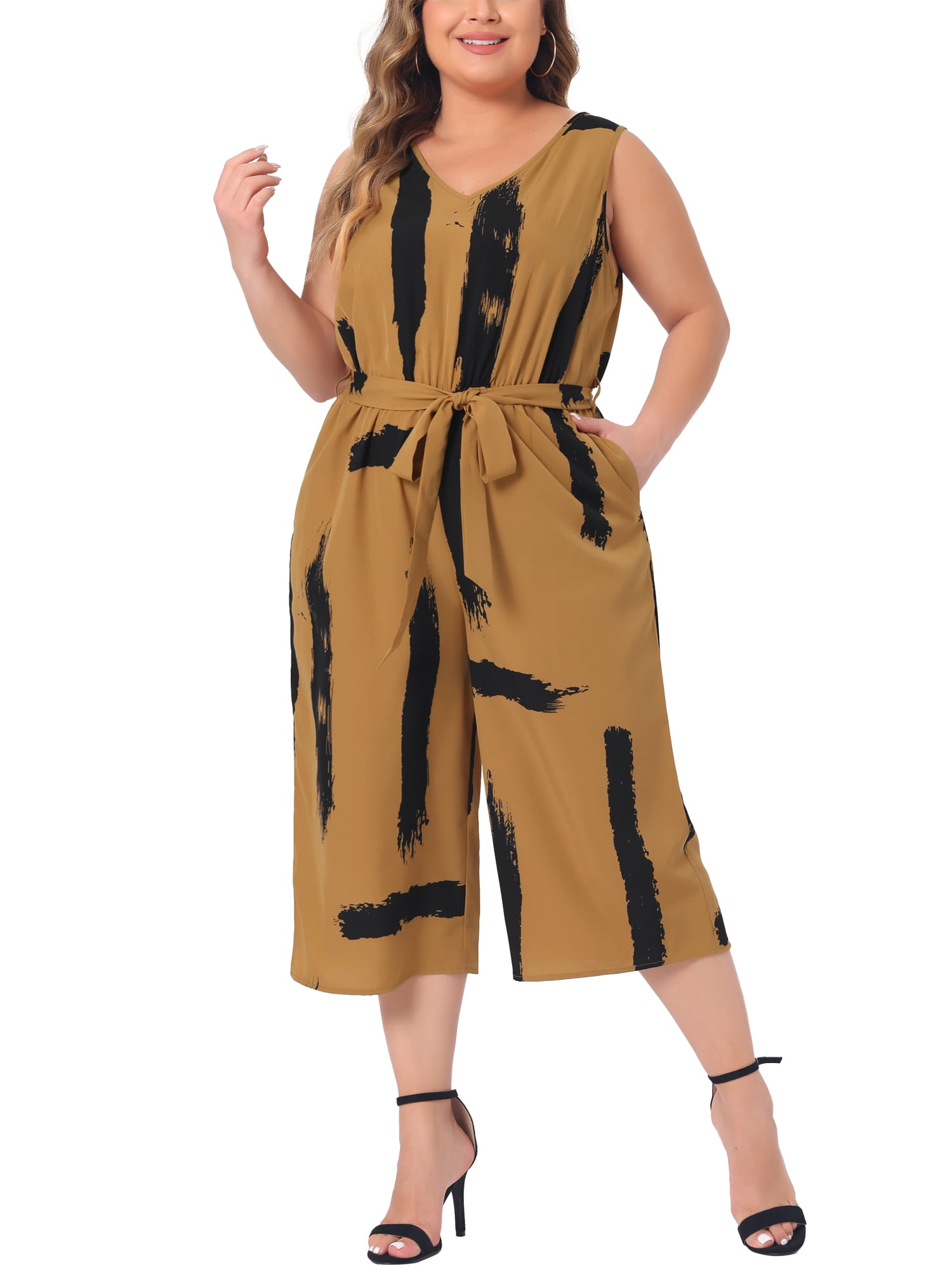 DARING DIVA Women's Plus Jumpsuit V Neck Tie Waist Rompers with Pockets 4X Brown
