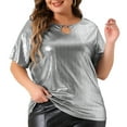 thumbnail image 1 of DARING DIVA Women's Plus Keyhole Metallic Round Neck Blouse 1X Silver, 1 of 6