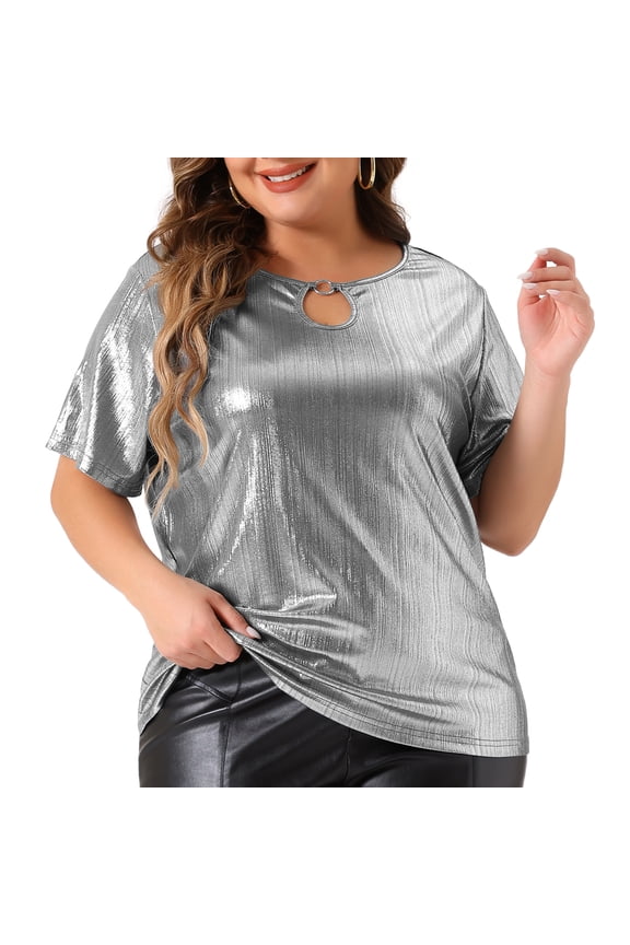 Women's Plus Keyhole Metallic Round Neck Short Sleeve Blouse 4X Silver