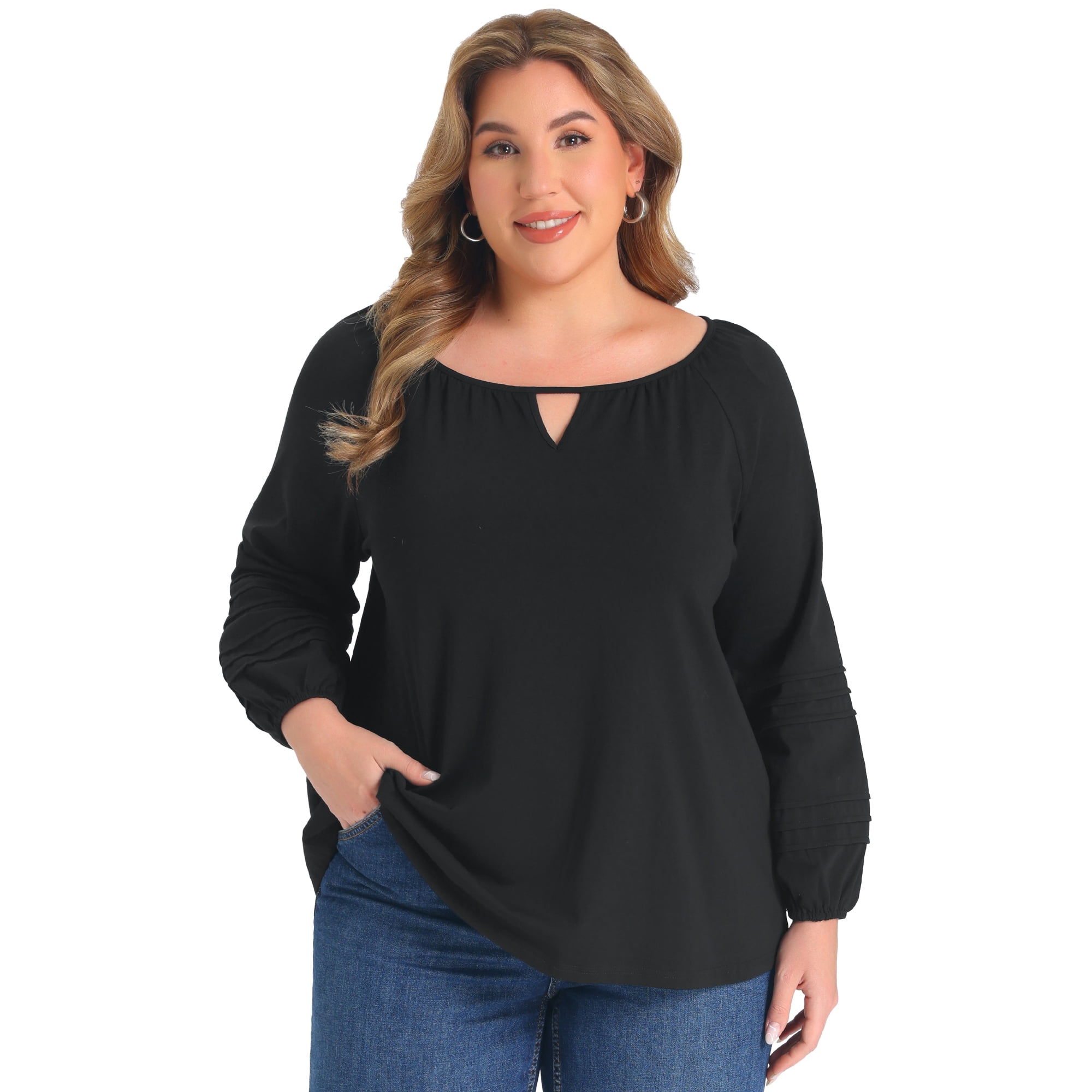DARING DIVA Women's Plus Keyhole Neck Lantern Sleeve Pintuck 4X Black