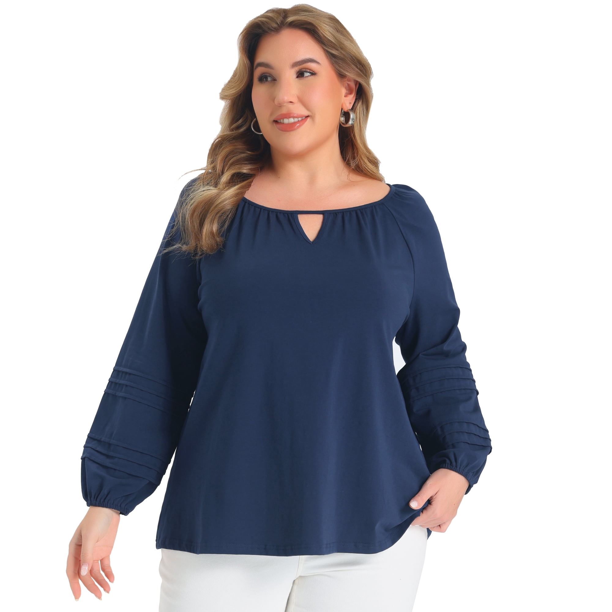 DARING DIVA Women's Plus Keyhole Neck Lantern Sleeve Pintuck 4X Navy Blue