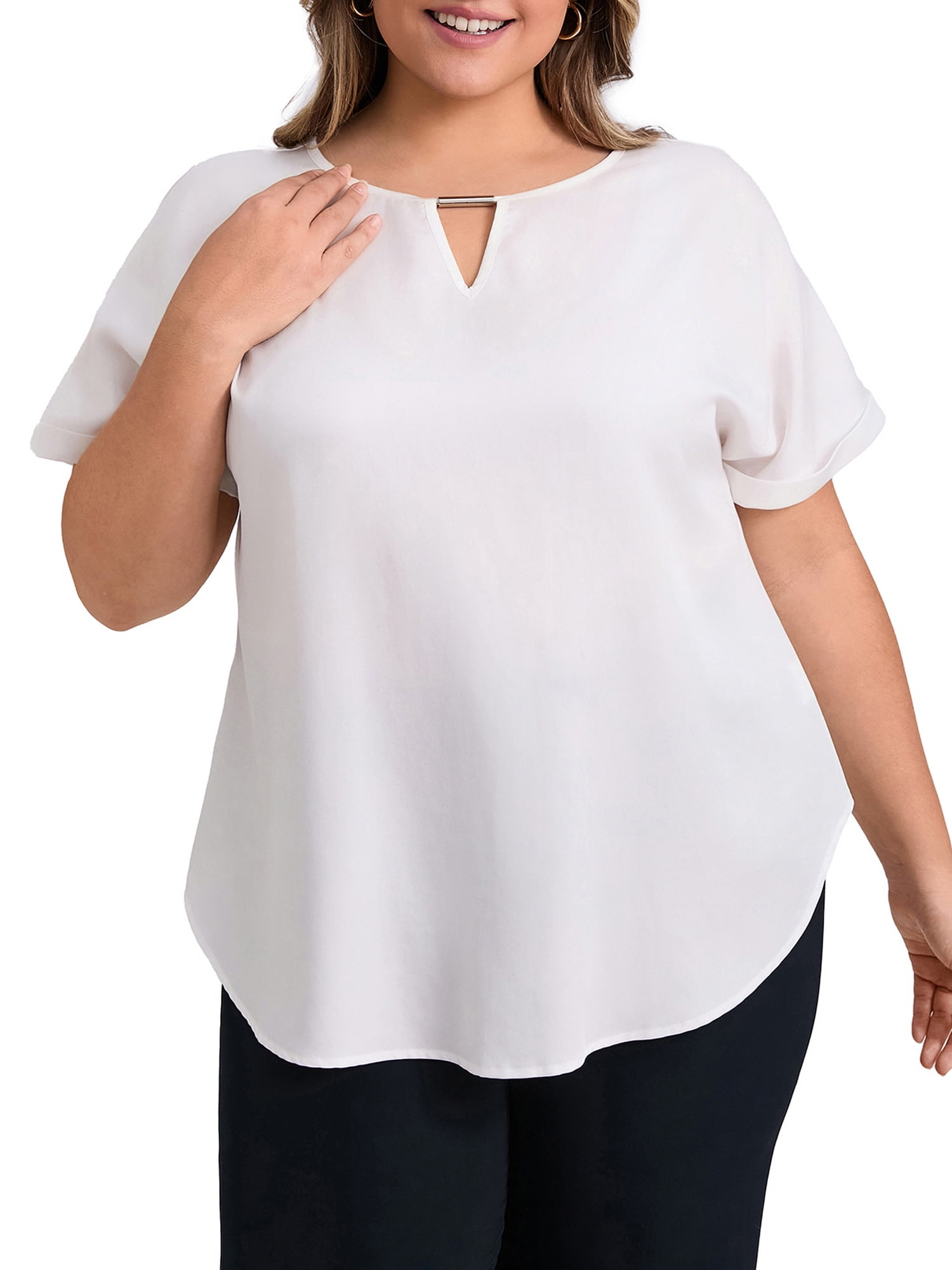 DARING DIVA Women's Plus Keyhole Neck Petal Trim Short Sleeve Blouse 3X White