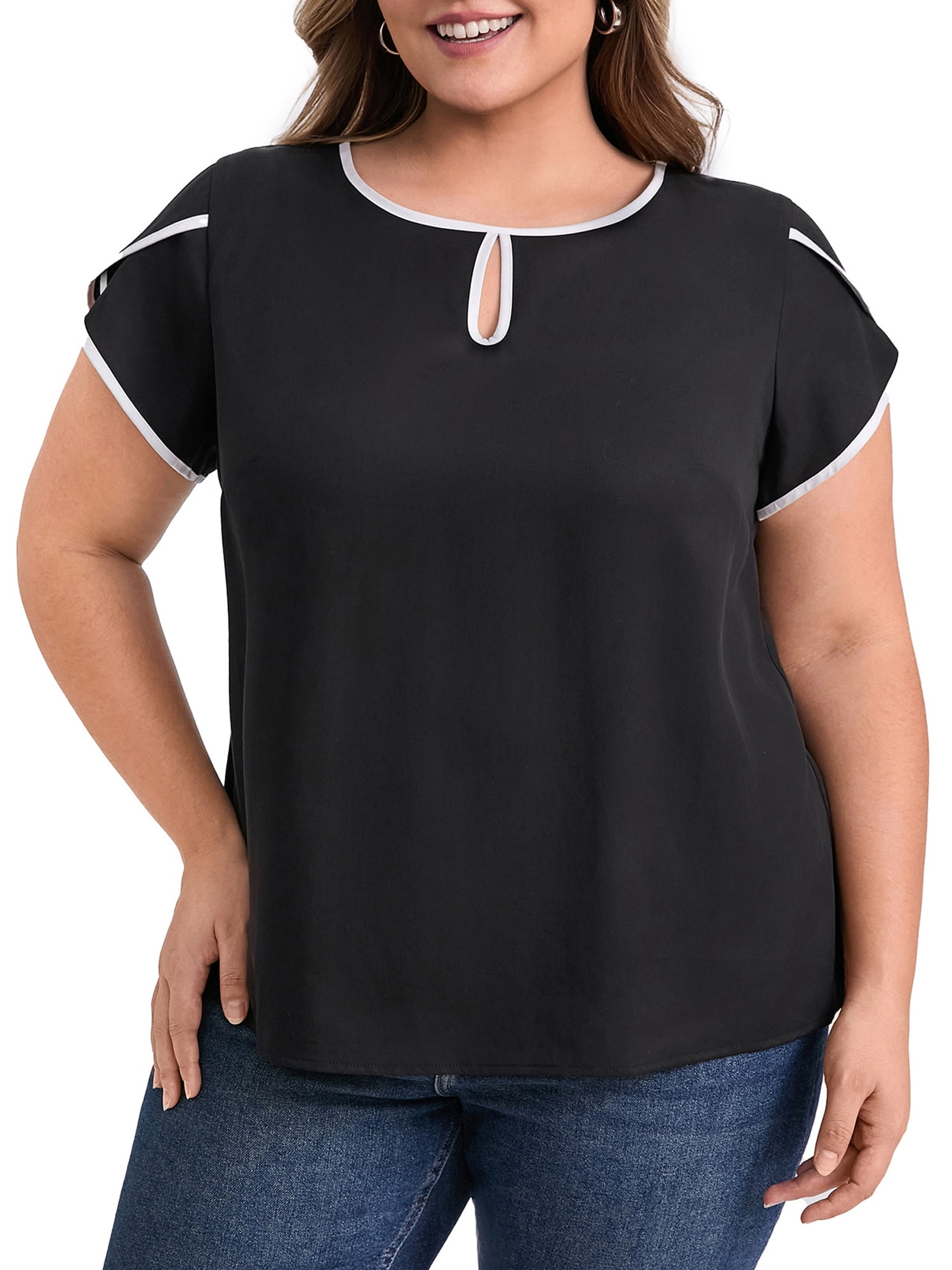 DARING DIVA Women's Plus Tops Keyhole Crew Neck Tulip Blouses 4X Black