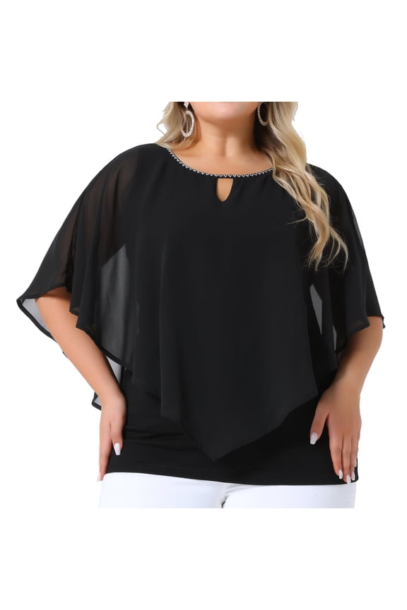 Women's Plus Keyhole Round Neck Cape Sleeve Chiffon Blouse 2X Black