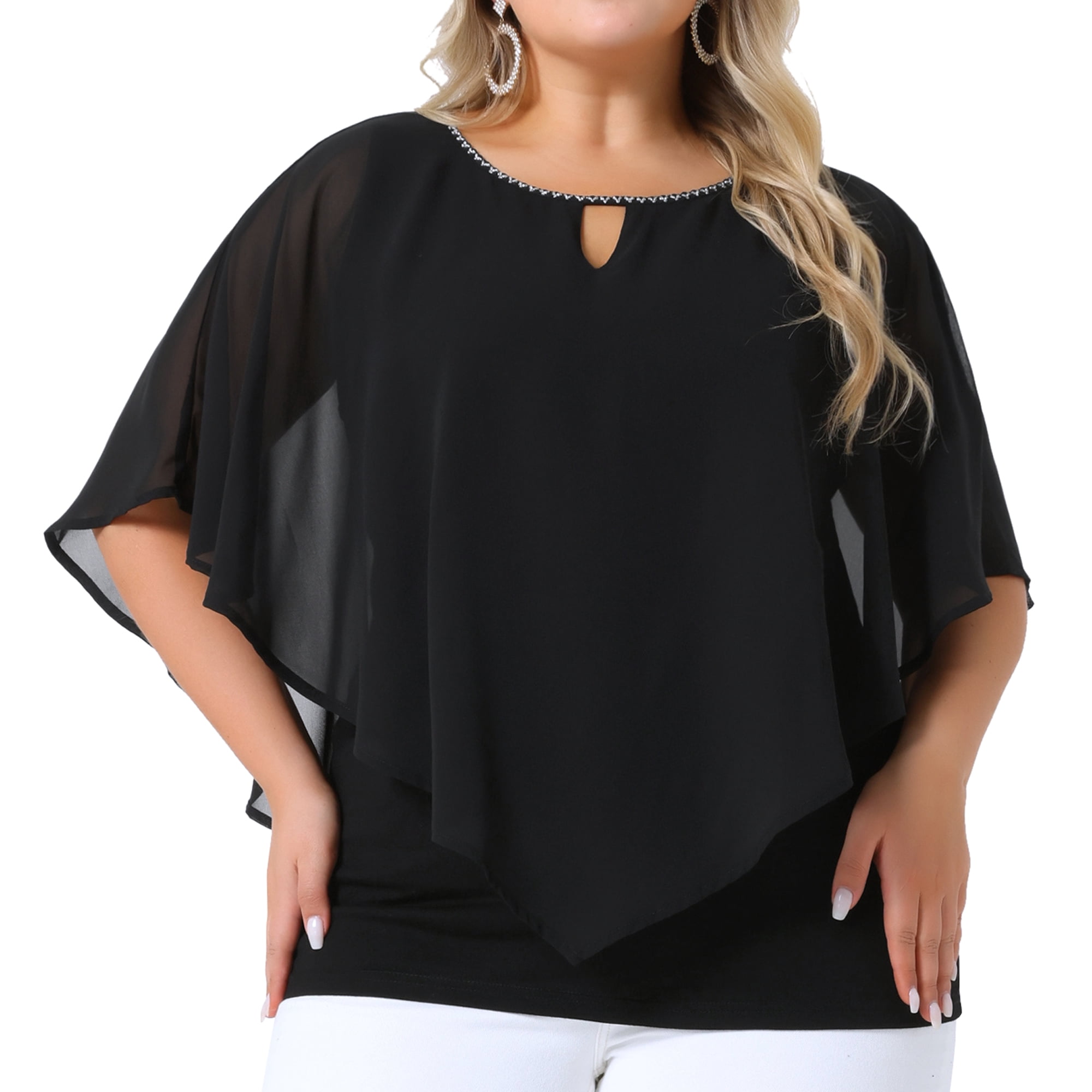 DARING DIVA Women's Plus Keyhole Round Neck Cape Sleeve Chiffon Blouse 3X Black