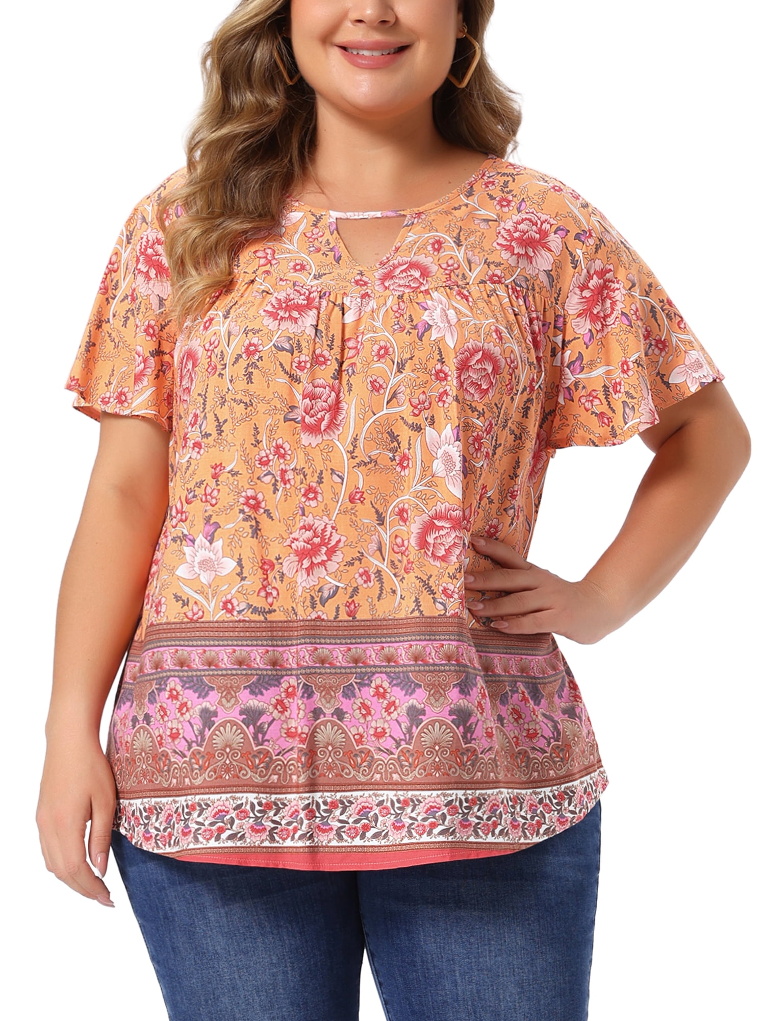 DARING DIVA Women's Plus Keyhole Ruffle  Boho Floral Keyhole Neck Blouse 3X Orange