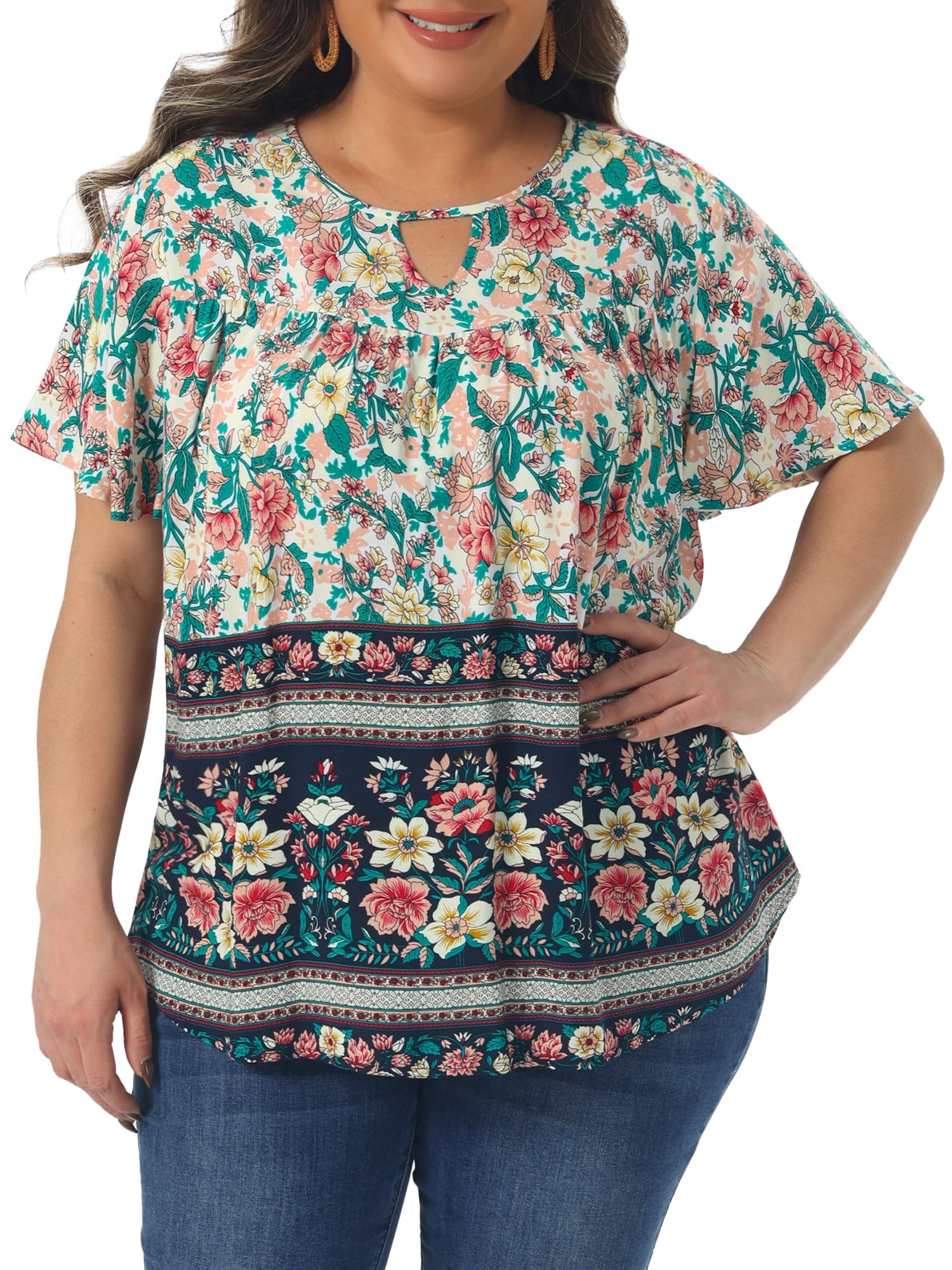 Women's Plus Women's Keyhole Ruffle Short Sleeve Boho Floral Blouse 1X Beige