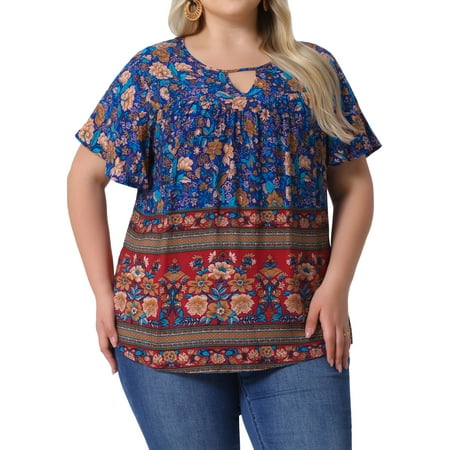 DARING DIVA Women's Plus Keyhole Ruffle Boho Floral Top 1X Navy Blue