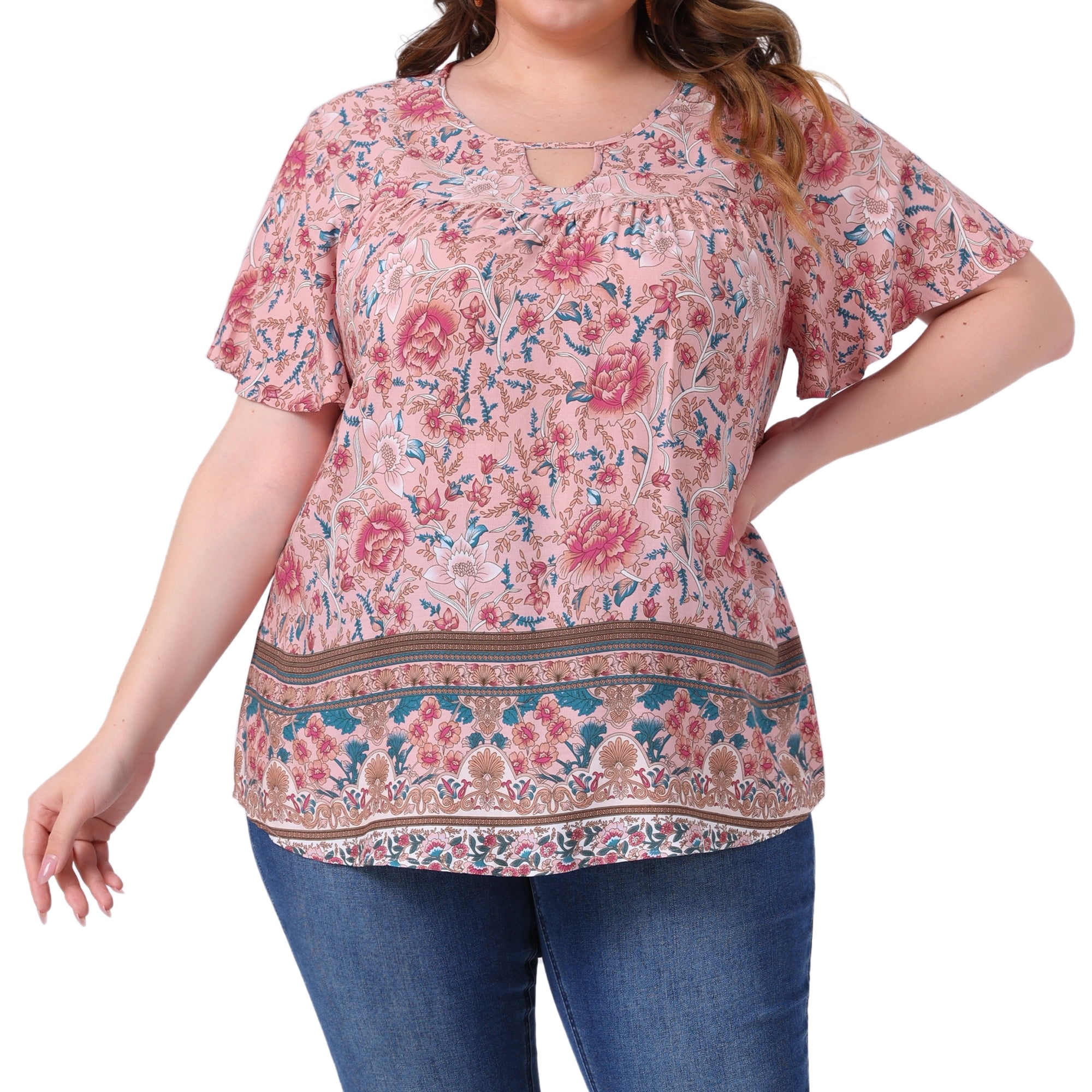 Women's Plus Women's Keyhole Ruffle Short Sleeve Boho Floral Blouse 2X Pink