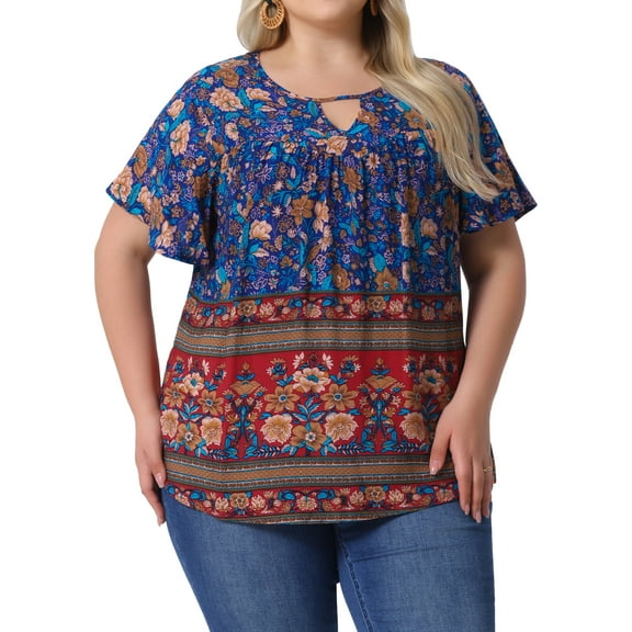 DARING DIVA Women's Plus Keyhole Ruffle Boho Floral Top 3X Navy Blue