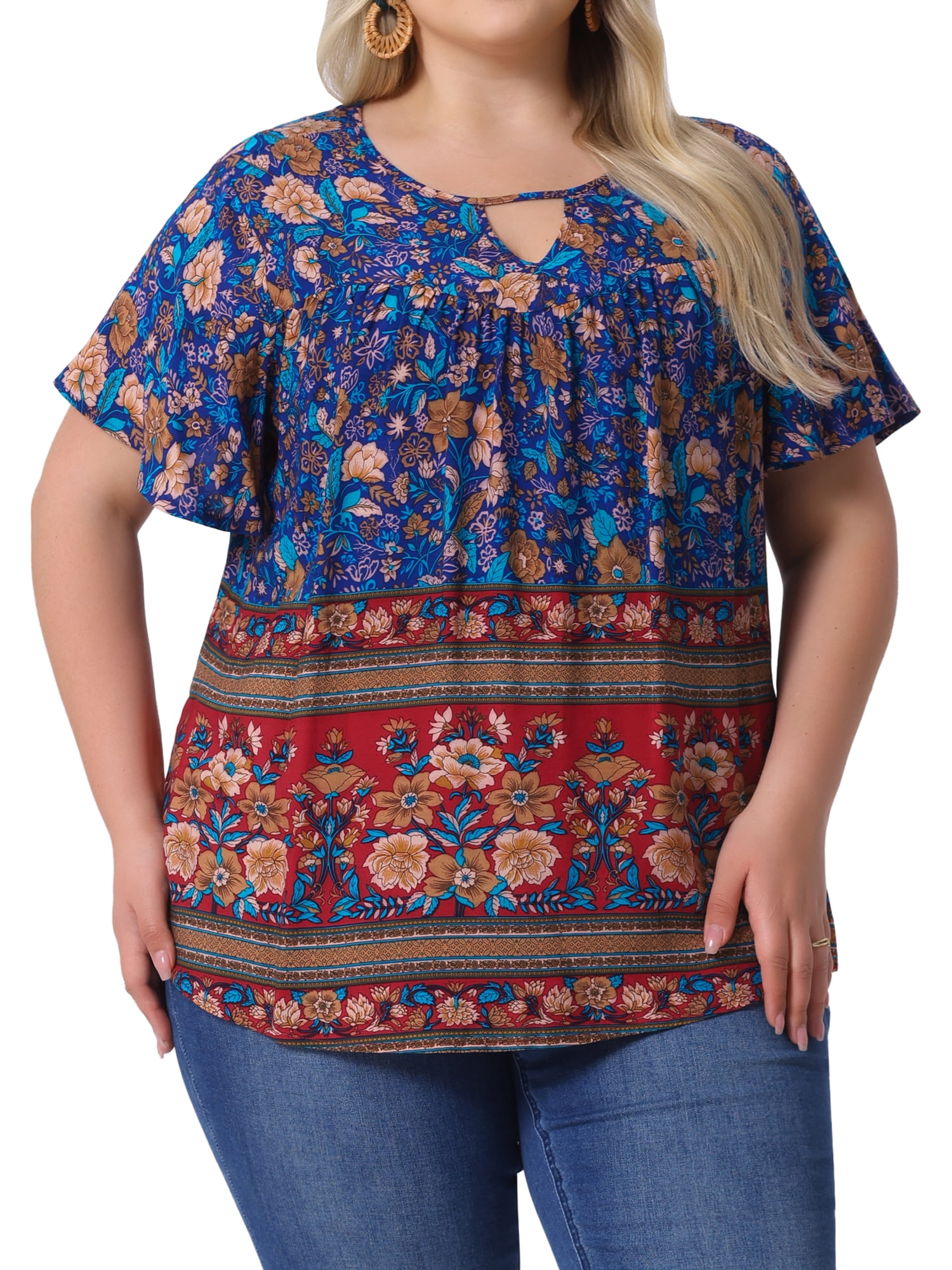 Women's Plus Women's Keyhole Ruffle Short Sleeve Boho Floral Blouse 4X Navy Blue