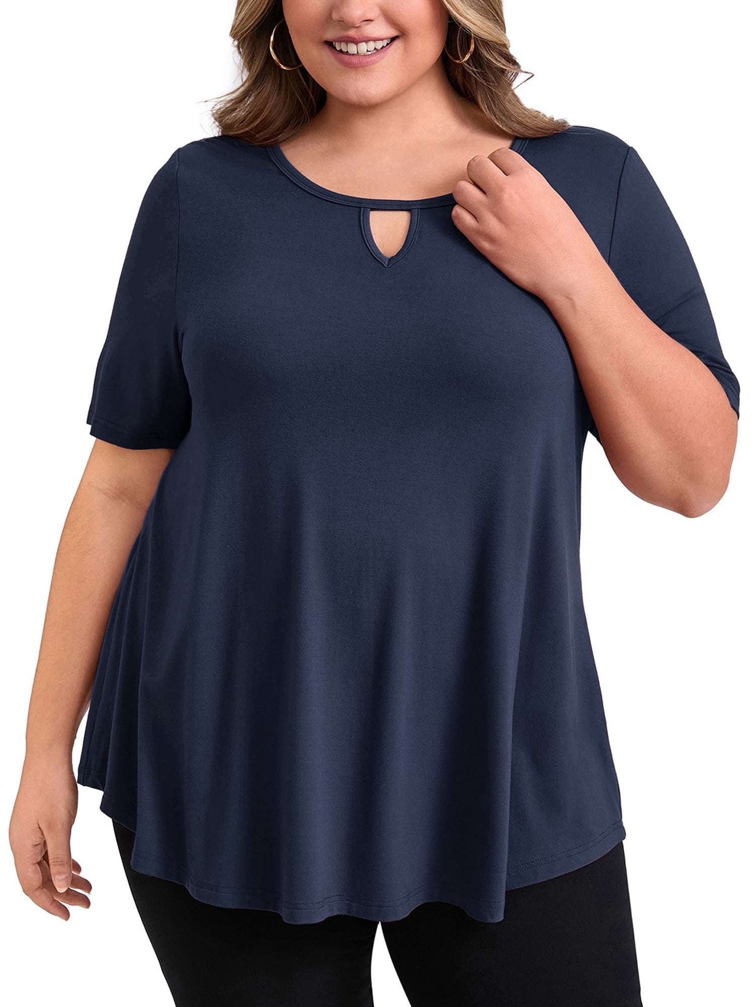 DARING DIVA Women's Plus Knit Keyhole Crew Neck Short Sleeve Blouse 4X Navy Blue