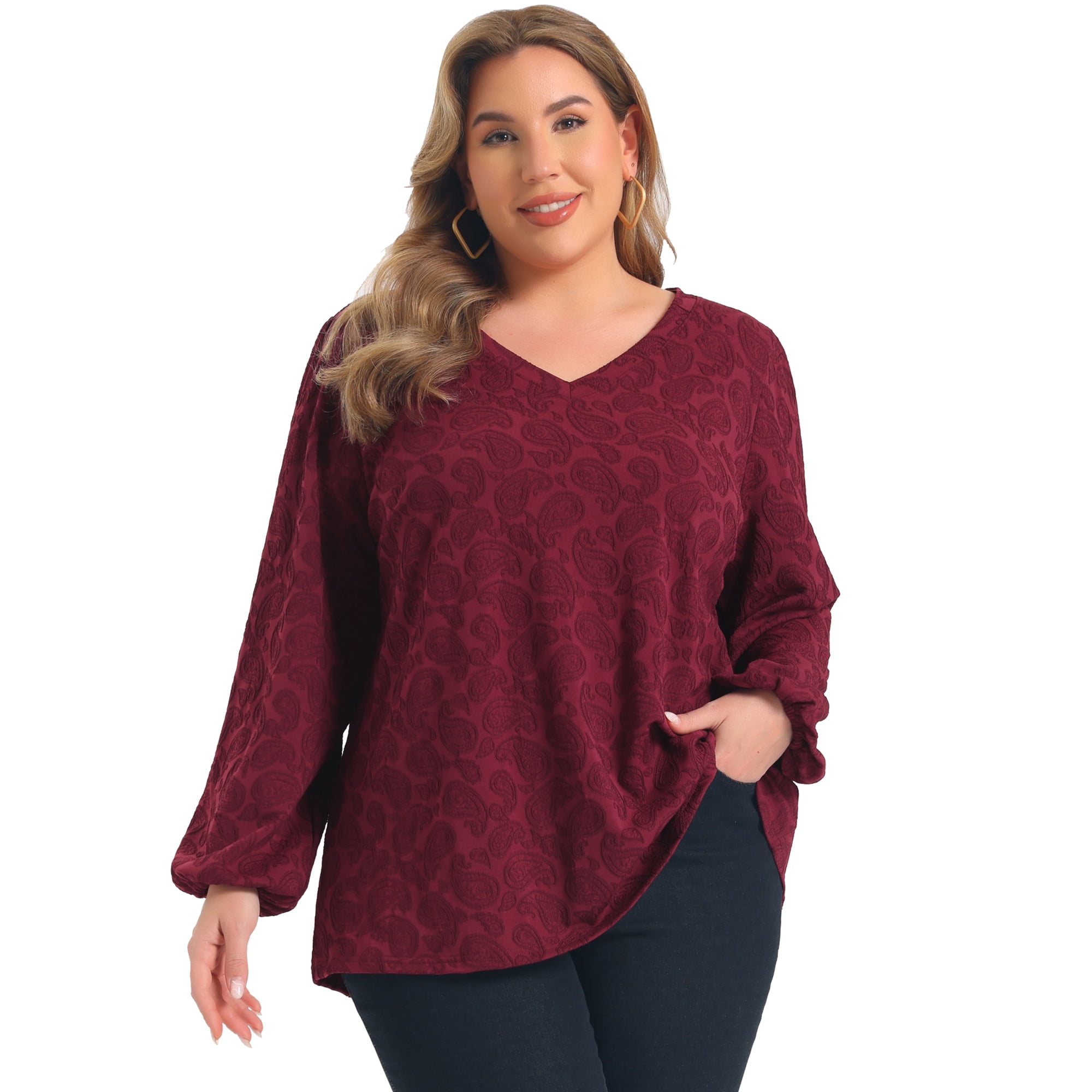DARING DIVA Women's Plus Knit Lantern Sleeve Loose Fit Tops 1X Burgundy