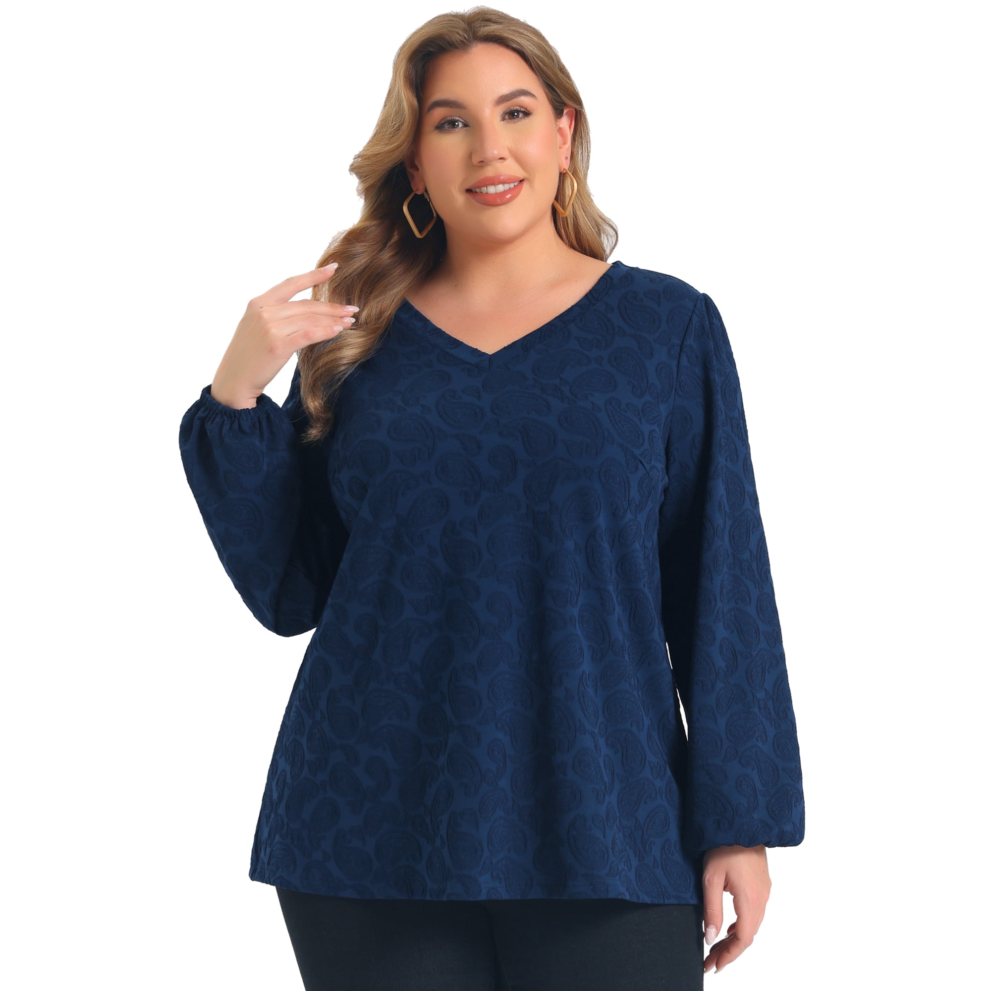 DARING DIVA Women's Plus Knit Lantern Sleeve Loose Fit Tops 2X Navy Blue