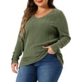 thumbnail image 1 of DARING DIVA Women's Plus Knit Tops V Neck Button Stretch Sweater 1X Army Green, 1 of 6