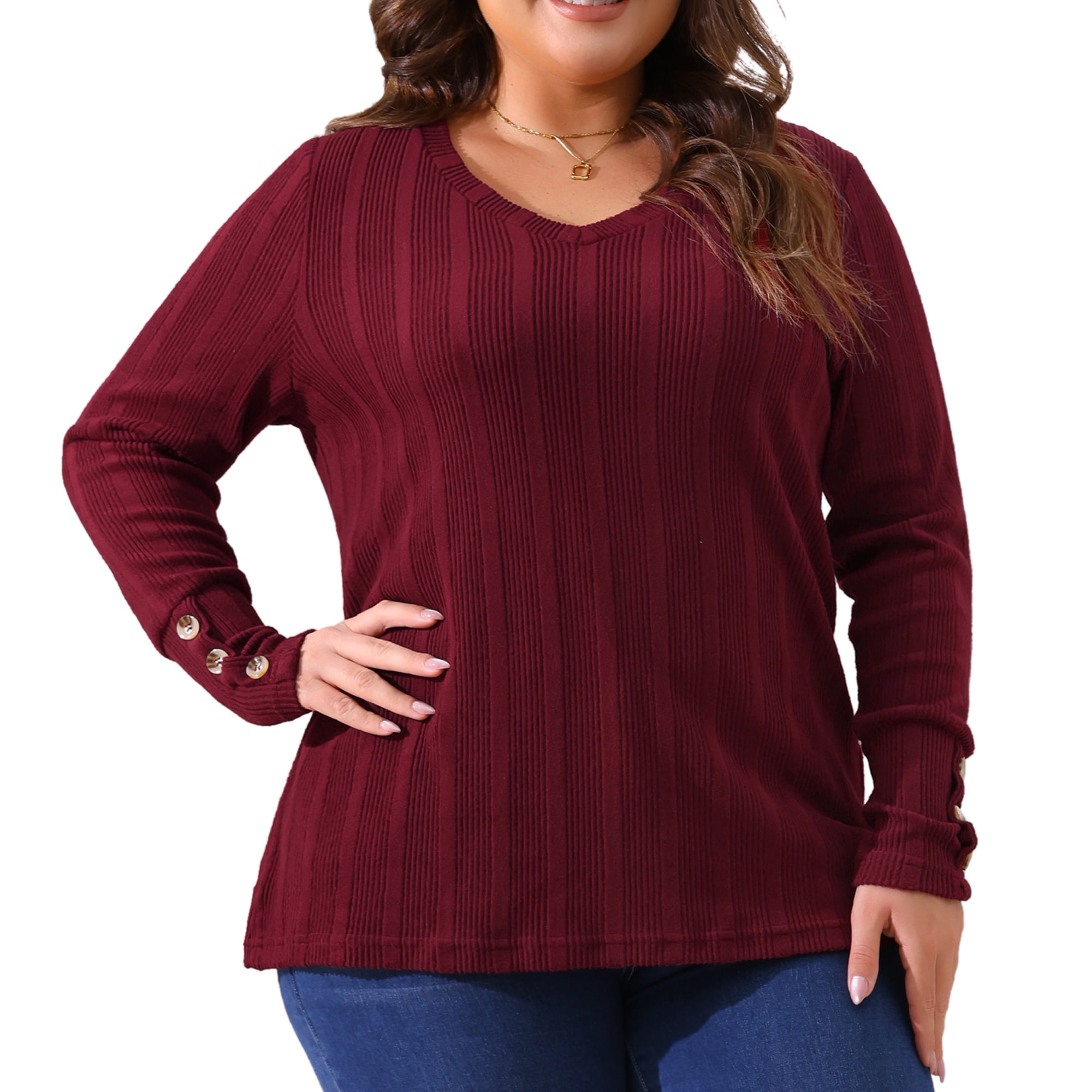 DARING DIVA Women's Plus Knit Tops V Neck Button Stretch Sweater 2X Burgundy