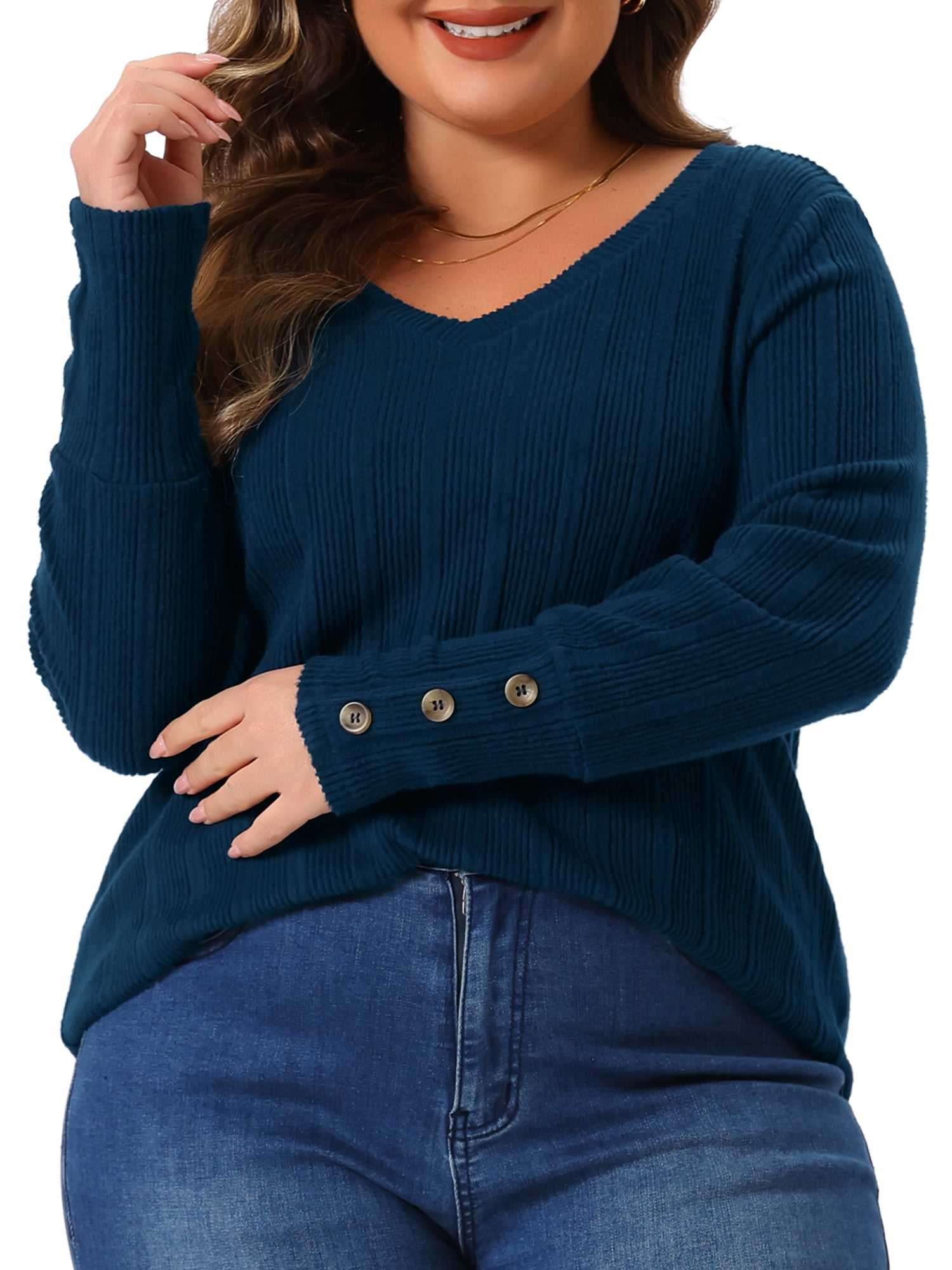 DARING DIVA Women's Plus Knit Tops V Neck Button Stretch Sweater 2X Navy Blue