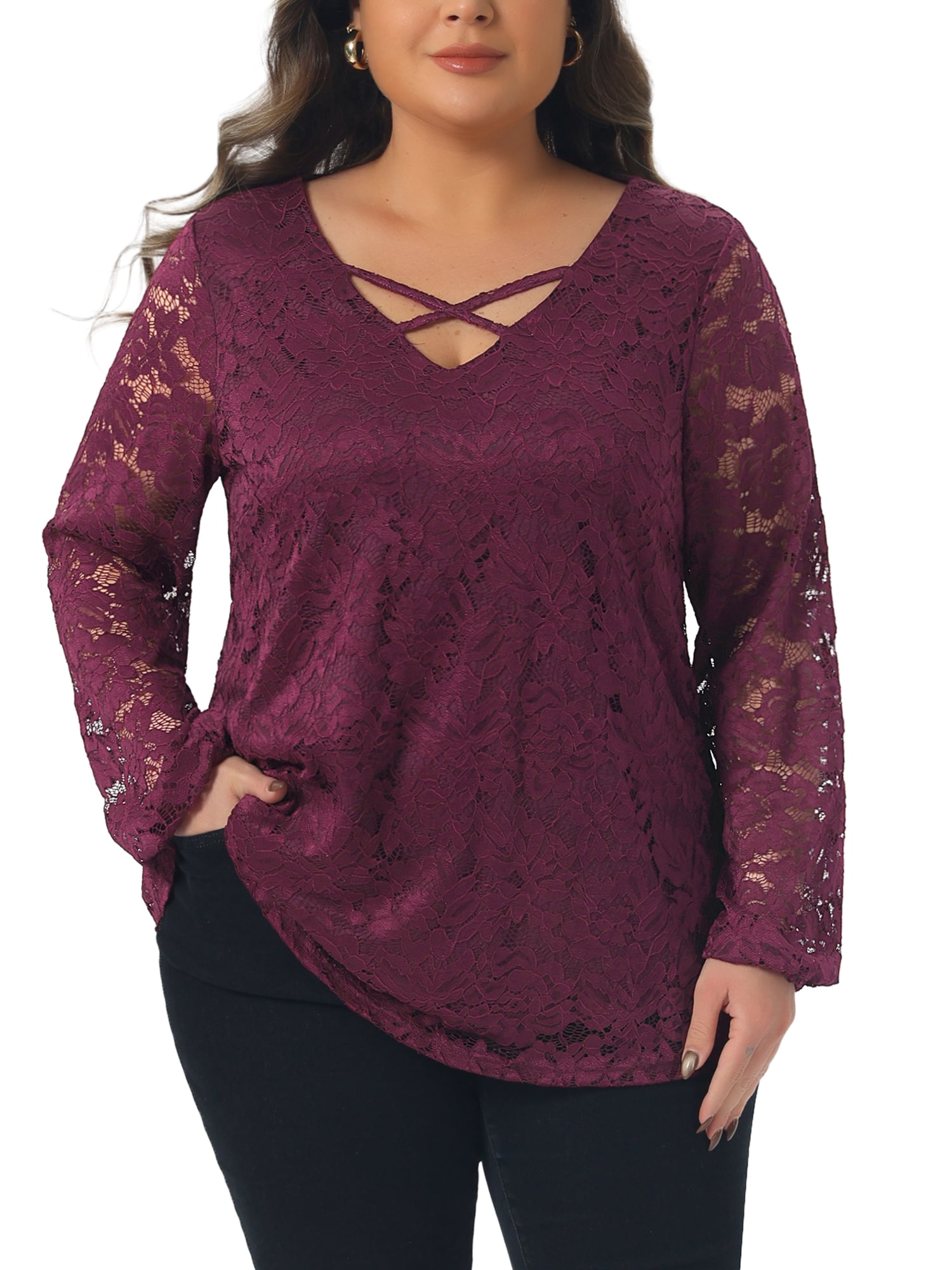 DARING DIVA Women's Plus Lace Blouse Cross V Neck Sheer Double Layers Shirt Tops 4X Red