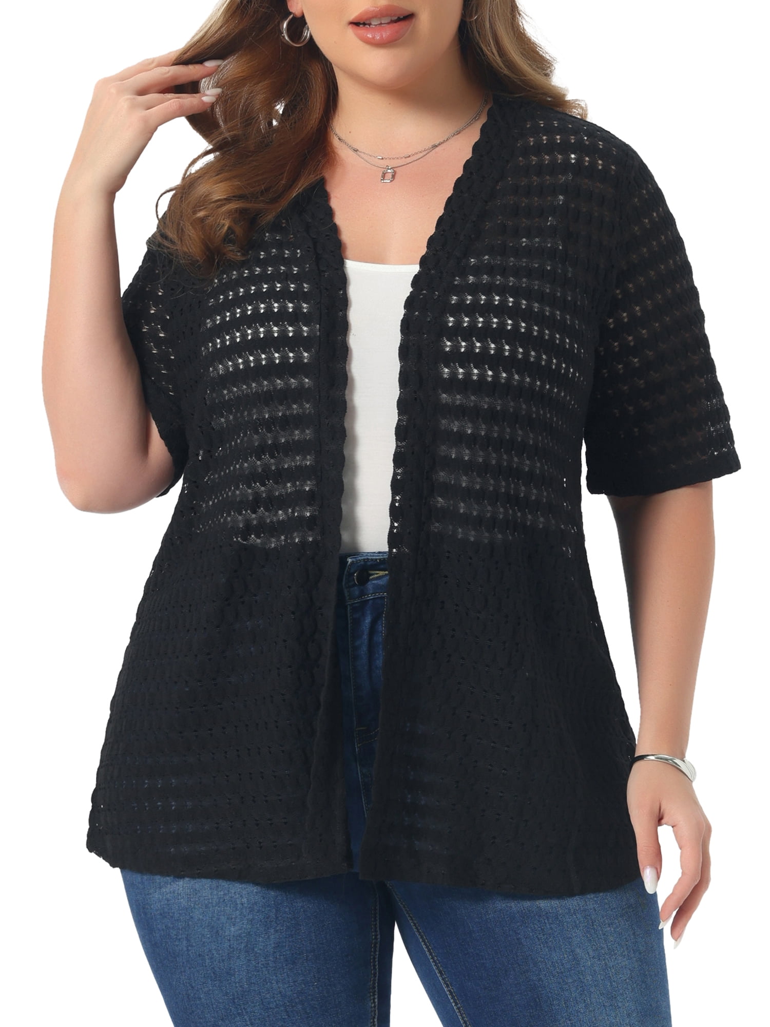 DARING DIVA Women's Plus Lace Cardigan Open Front Cover Up 4X Black