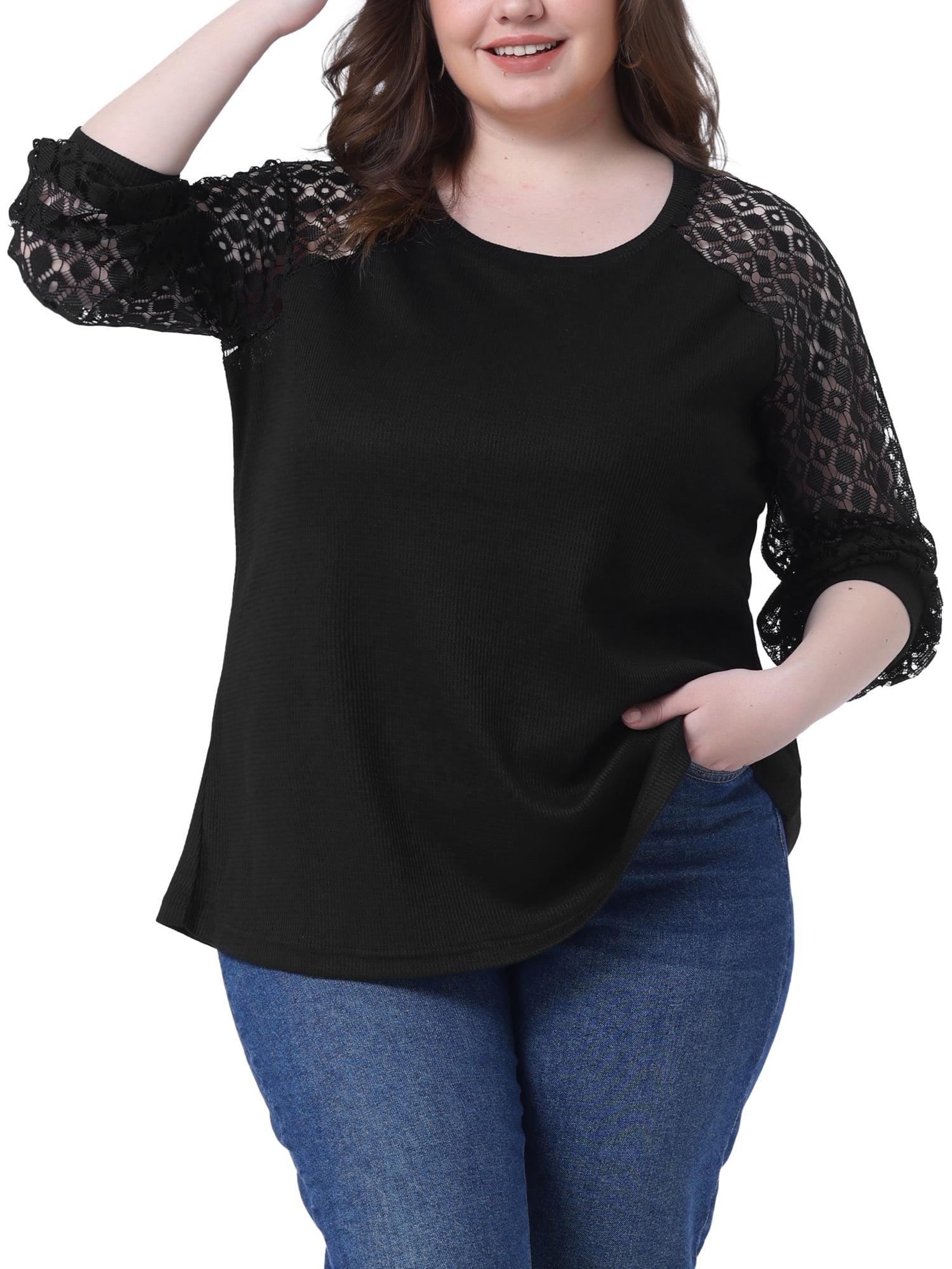 DARING DIVA Women's Plus Lace Crew Neck Long Sleeve Casual Blouse 2X Black