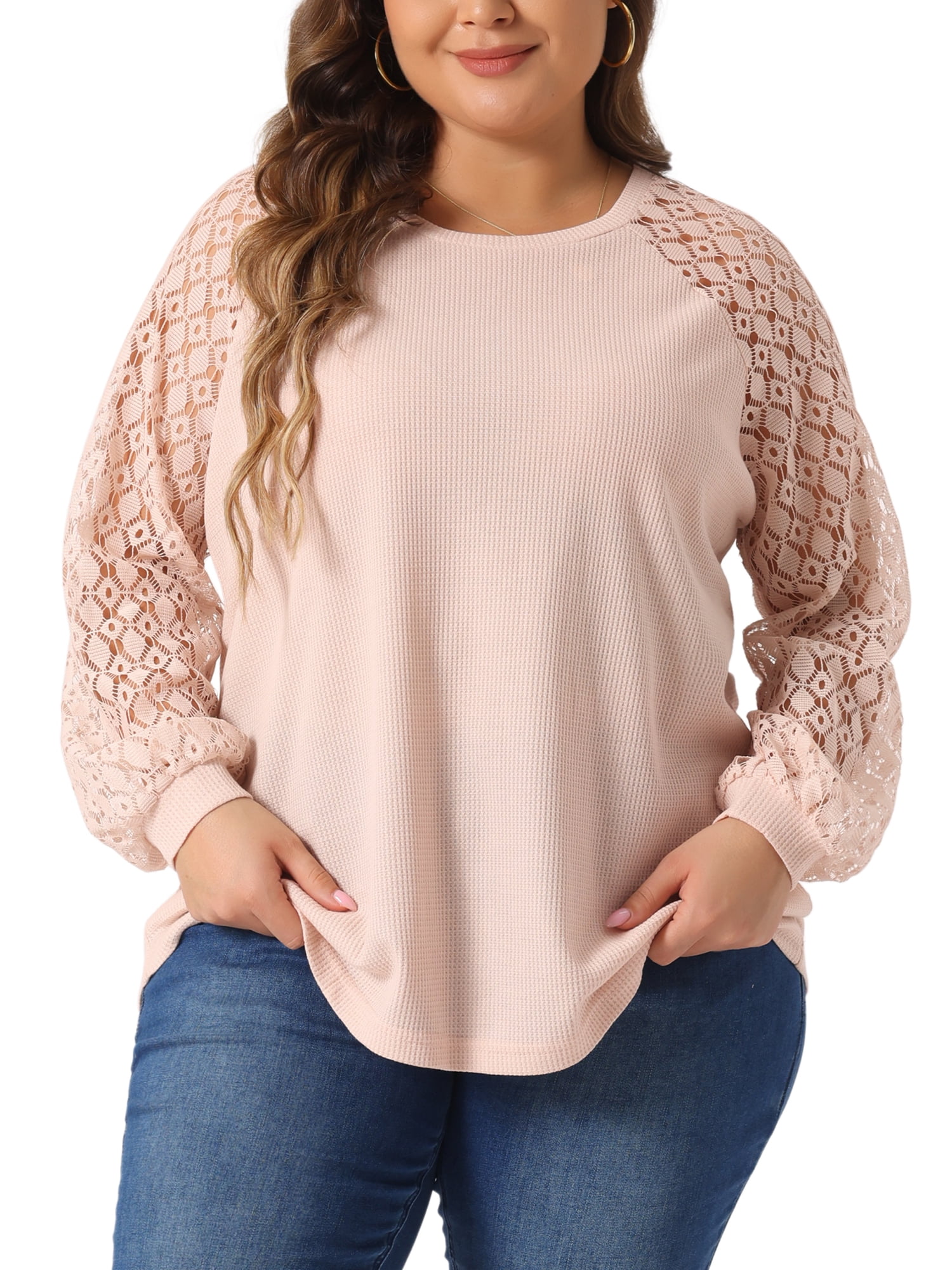 DARING DIVA Women's Plus Lace Crew Neck Long Sleeve Casual Blouse 2X Light Pink