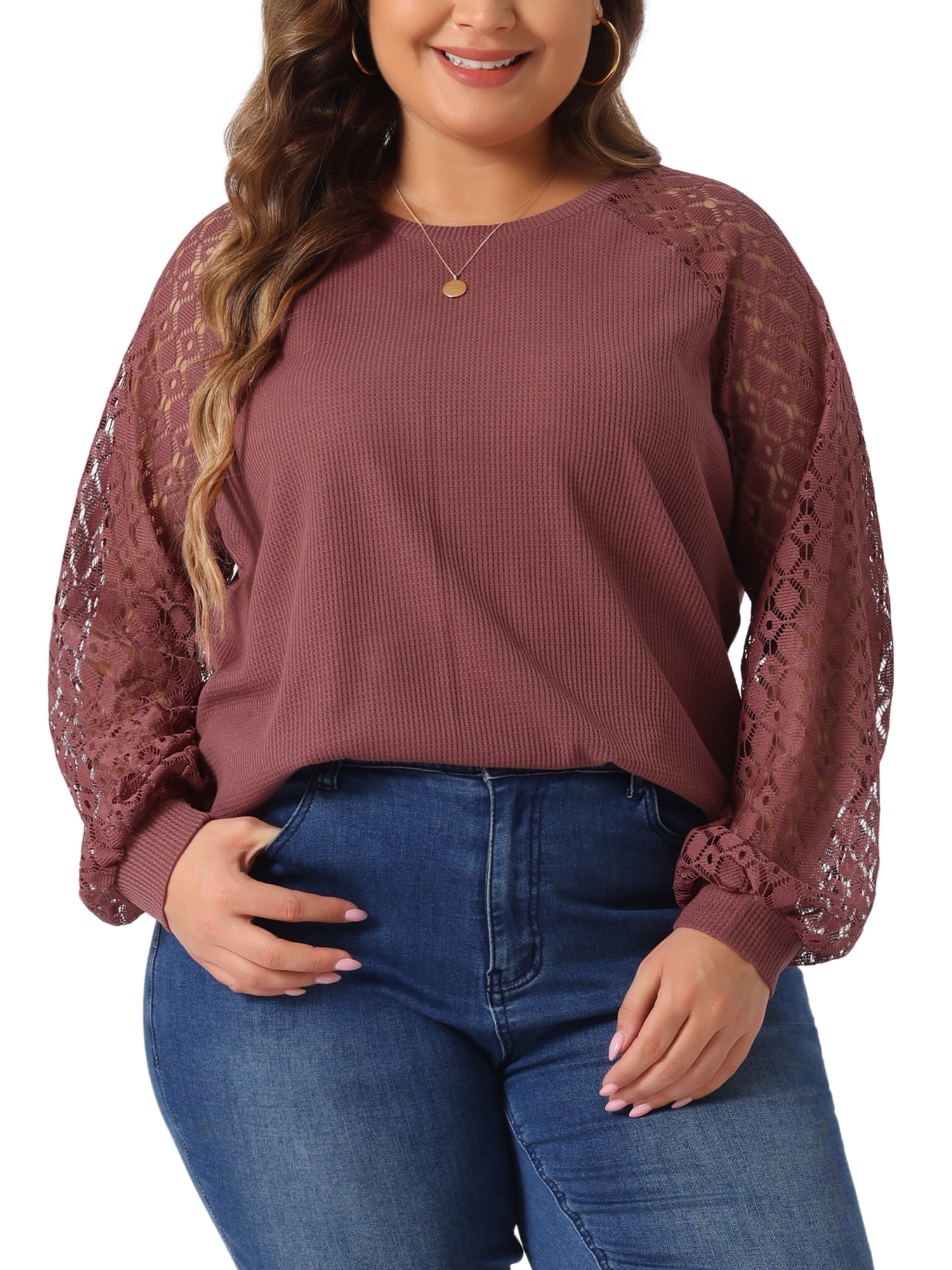 DARING DIVA Women's Plus Lace Crew Neck Long Sleeve Casual Blouse 4X Purple Red