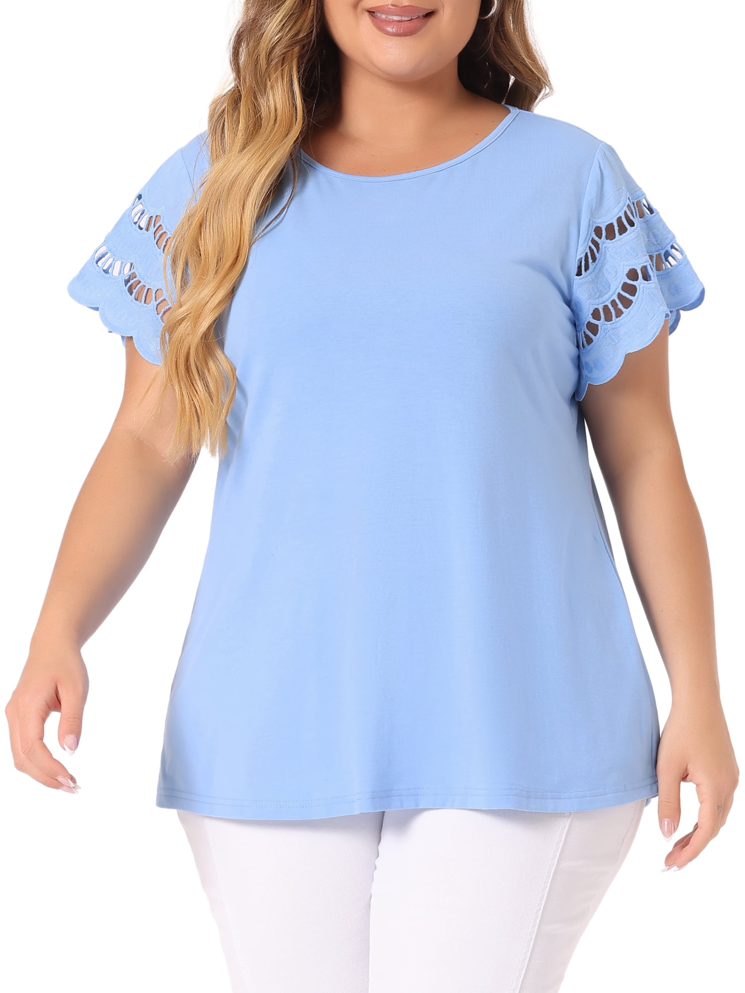 DARING DIVA Women's Plus Size Round Neck Lace Panel Blouses 2X Blue