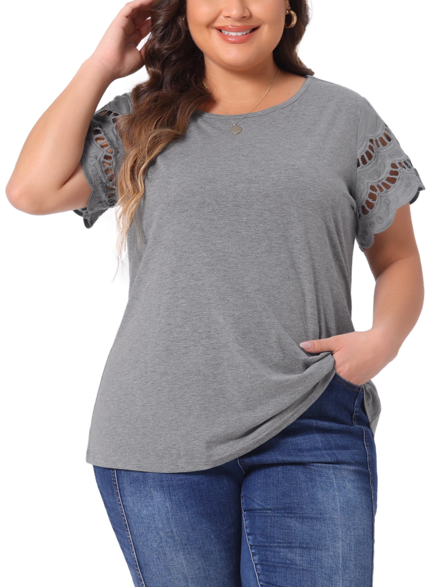 DARING DIVA Women's Plus Size Round Neck Lace Panel Blouses 2X Grey
