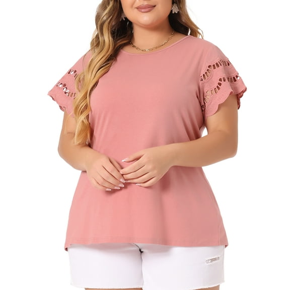 DARING DIVA Women's Plus Lace Panel Elegant Short Sleeve Top 2X Pink