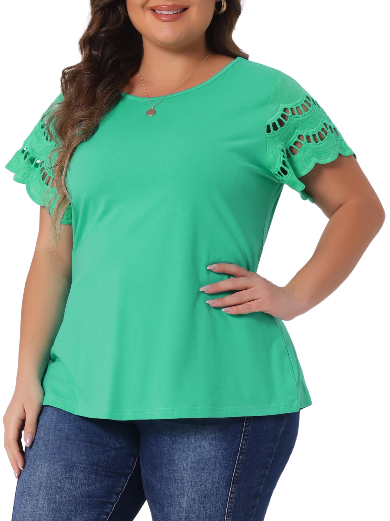 DARING DIVA Women's Plus Size Round Neck Lace Panel Blouses 3X Light Green