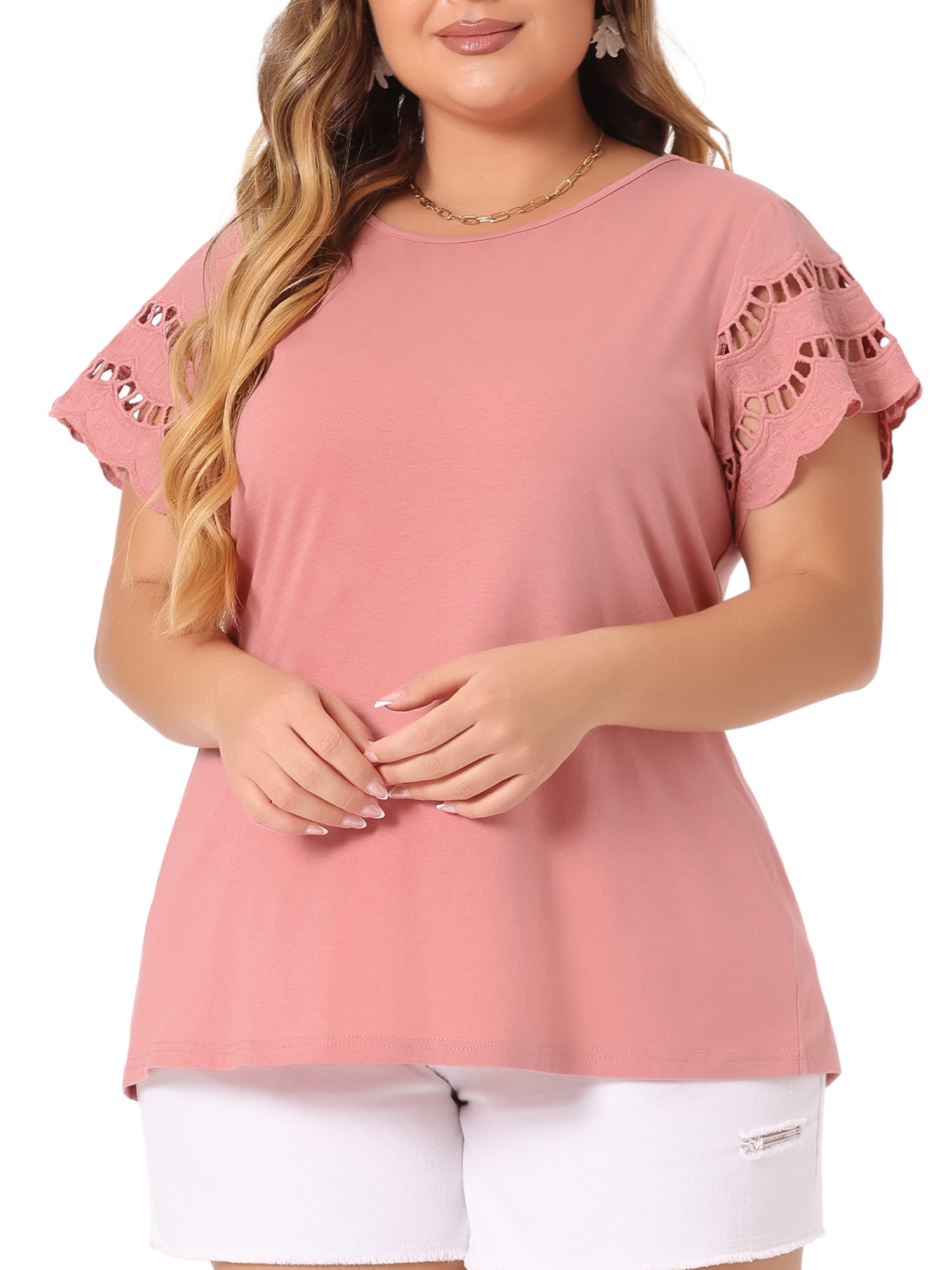 DARING DIVA Women's Plus Size Round Neck Lace Panel Blouses 3X Pink