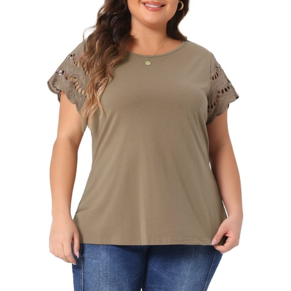 DARING DIVA Women's Plus Lace Panel Elegant Short Sleeve Top 4X Brown