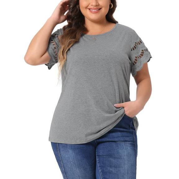 DARING DIVA Women's Plus Lace Panel Elegant Short Sleeve Top 4X Grey