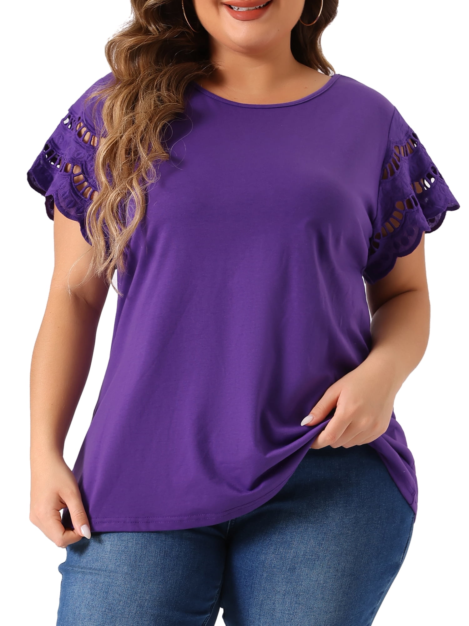 DARING DIVA Women's Plus Size Round Neck Lace Panel Blouses 4X Purple