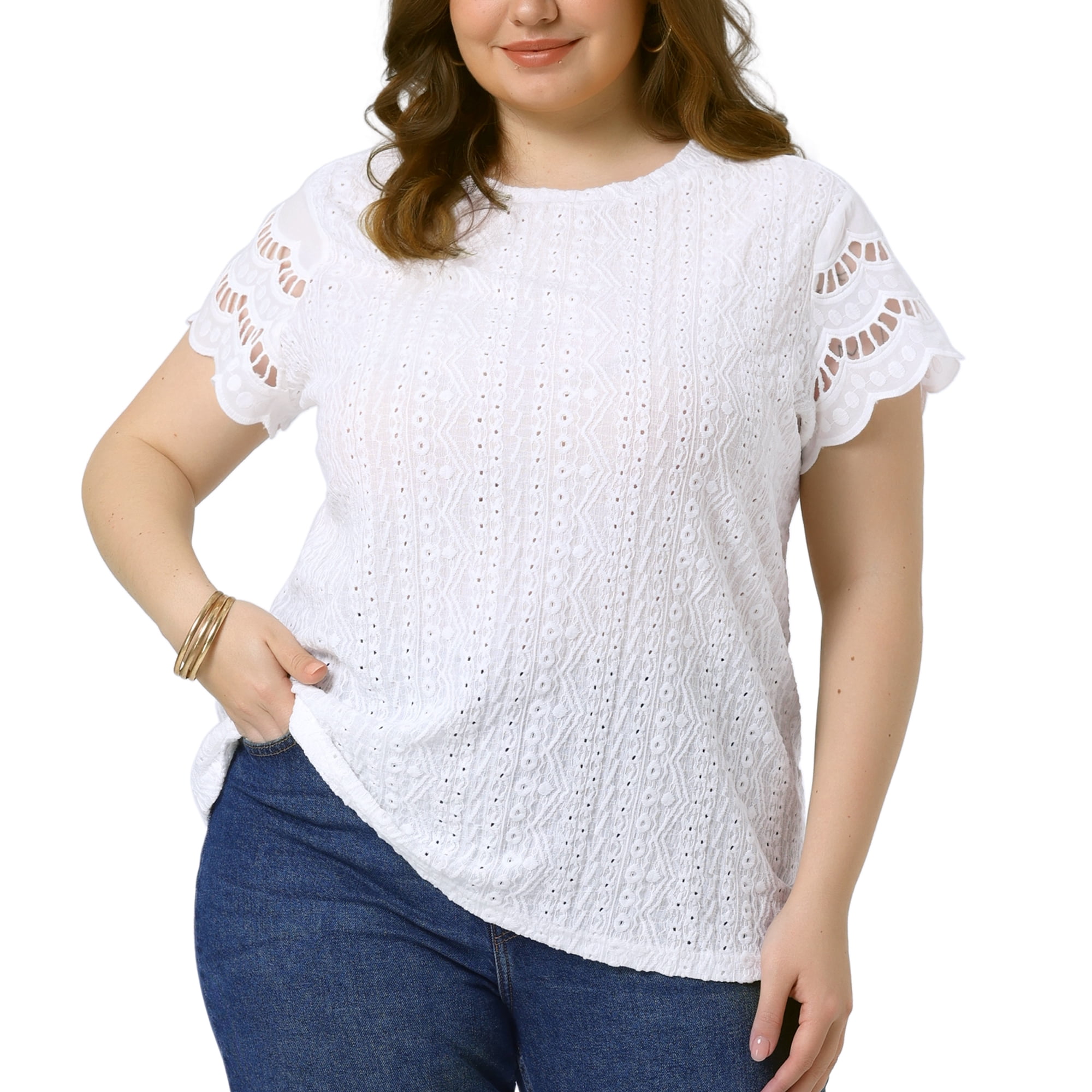 DARING DIVA Women's Plus Casual Lace Panel Hollow Dressy Eyelet Blouses 2X White