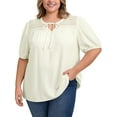 thumbnail image 1 of DARING DIVA Women's Plus Lace Panel Tie Neck Puff Sleeves Blouse 1X White, 1 of 5