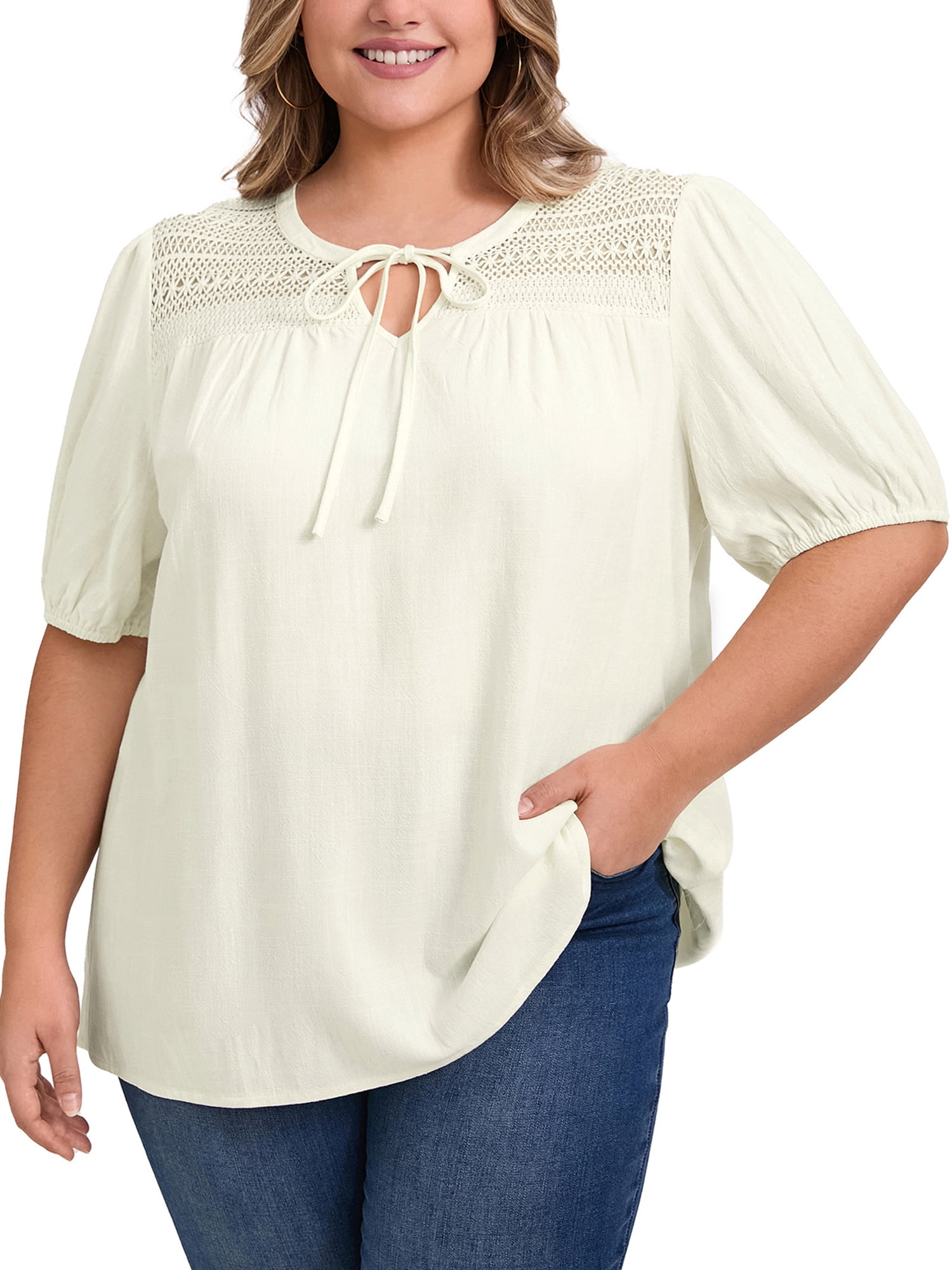 DARING DIVA Women's Plus Lace Panel Tie Neck Puff Sleeves Blouse 4X White