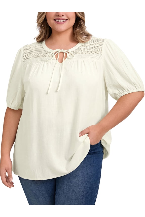Women's Plus Lace Panel Tie Neck Puff Sleeves Blouse 4X White