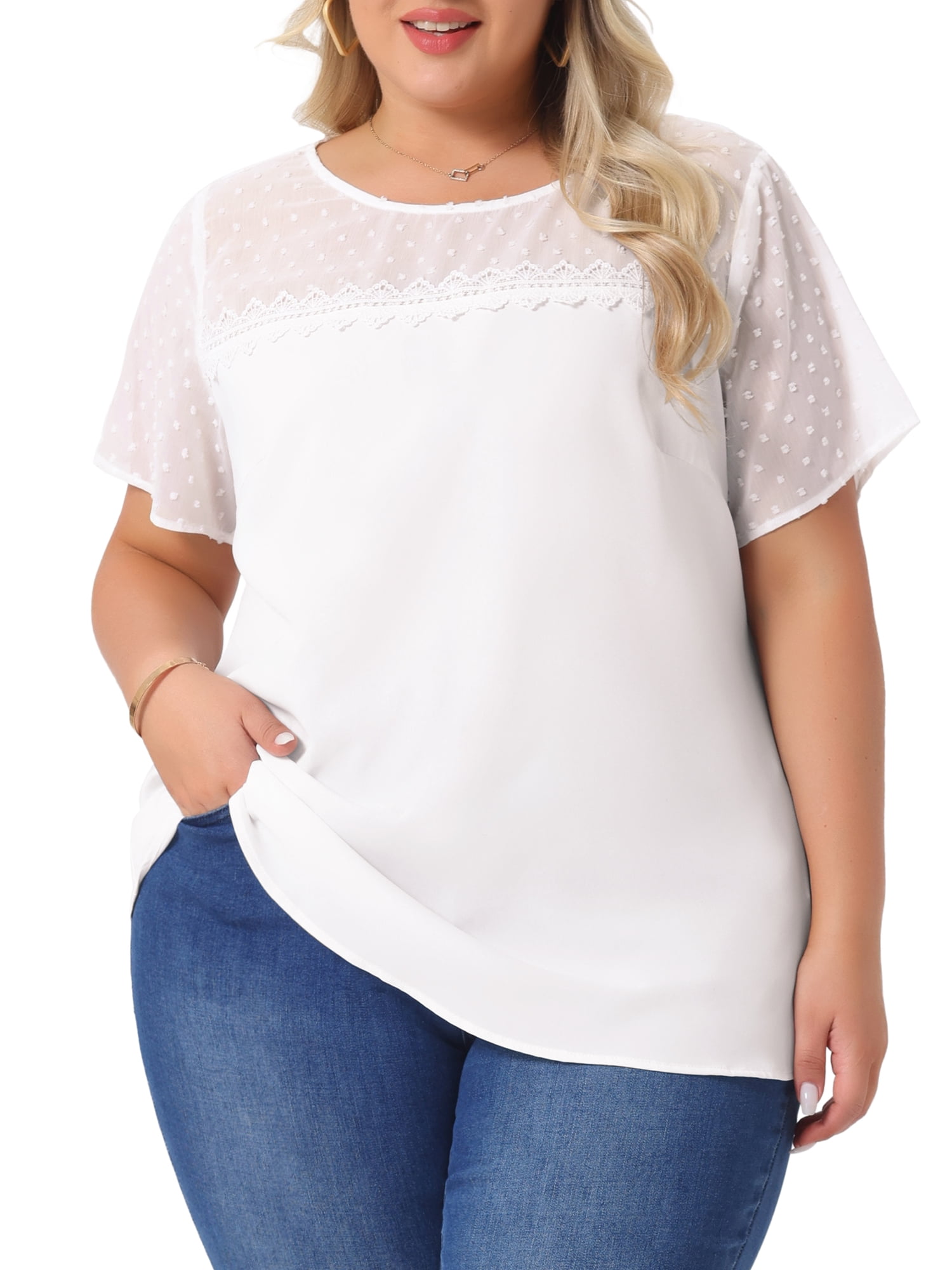 Unique Bargains Women's Plus Size Short Sleeves Polka Dots Lace Panel Top 1X White