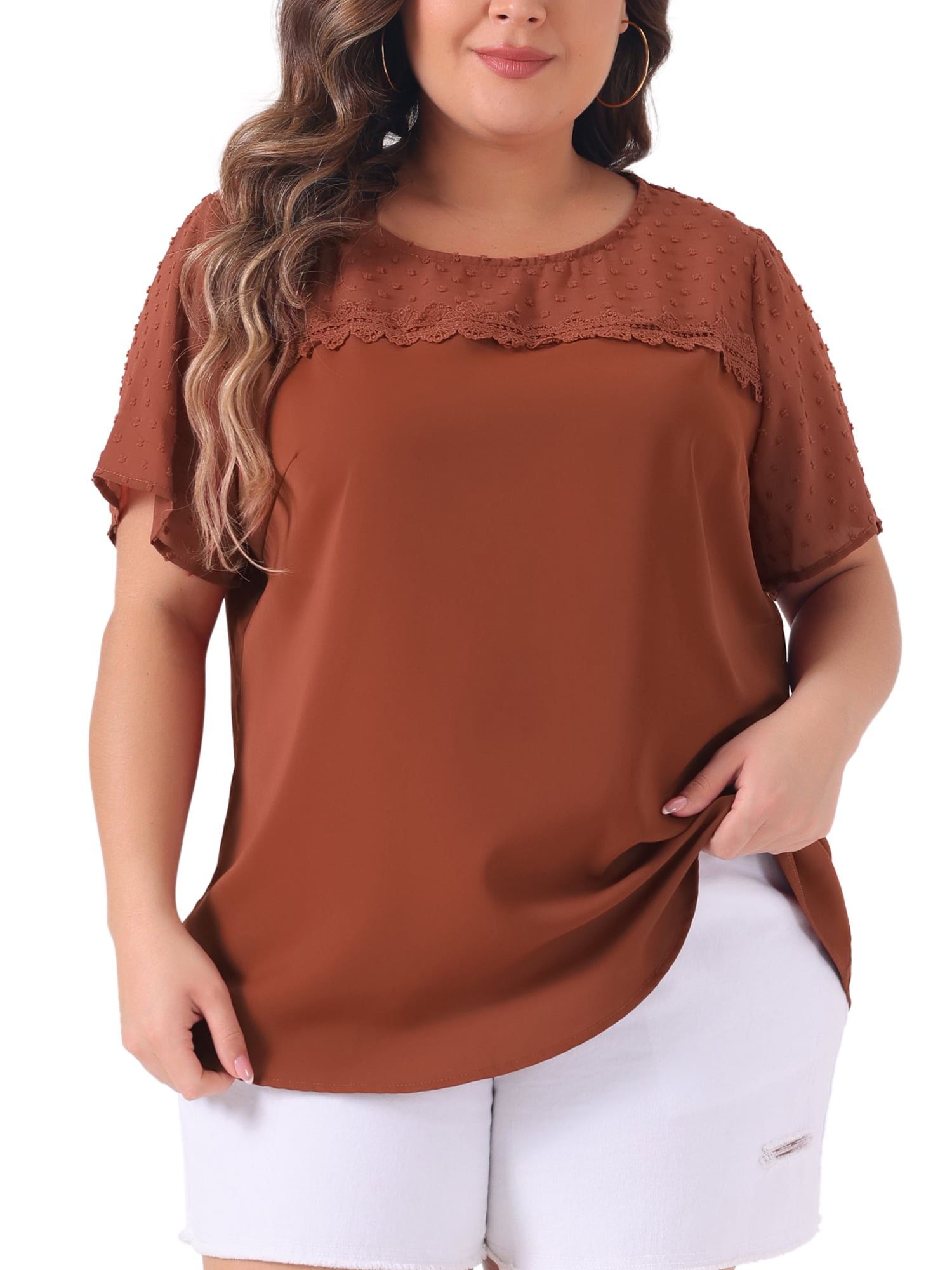 Unique Bargains Women's Plus Size Short Sleeves Polka Dots Lace Panel Top 2X Caramel