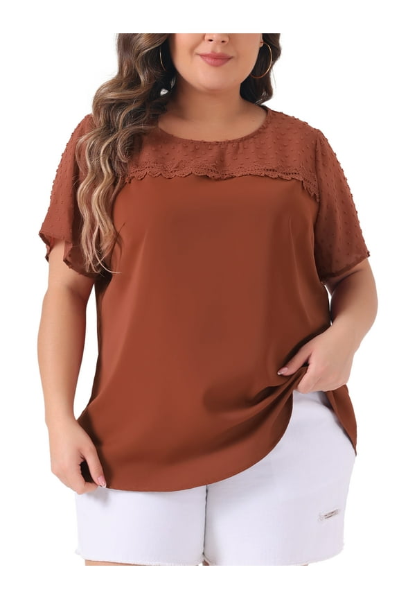 Women's Plus Lace Pin Dots Short Sleeve Blouse 2X Caramel
