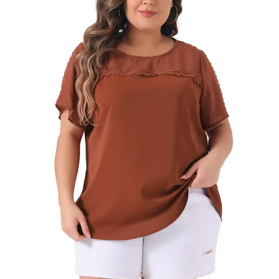 DARING DIVA Women's Plus Lace Pin Dots Short Sleeve Blouse 3X Caramel