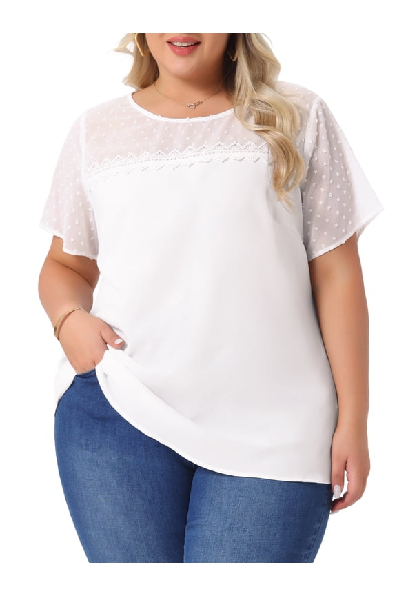 Women's Plus Lace Pin Dots Short Sleeve Blouse 3X White