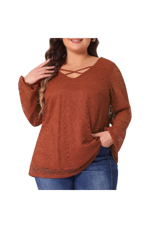 Women's Plus Lace Sheer Long Sleeves Cross V Neck Blouse 1X Brick Red